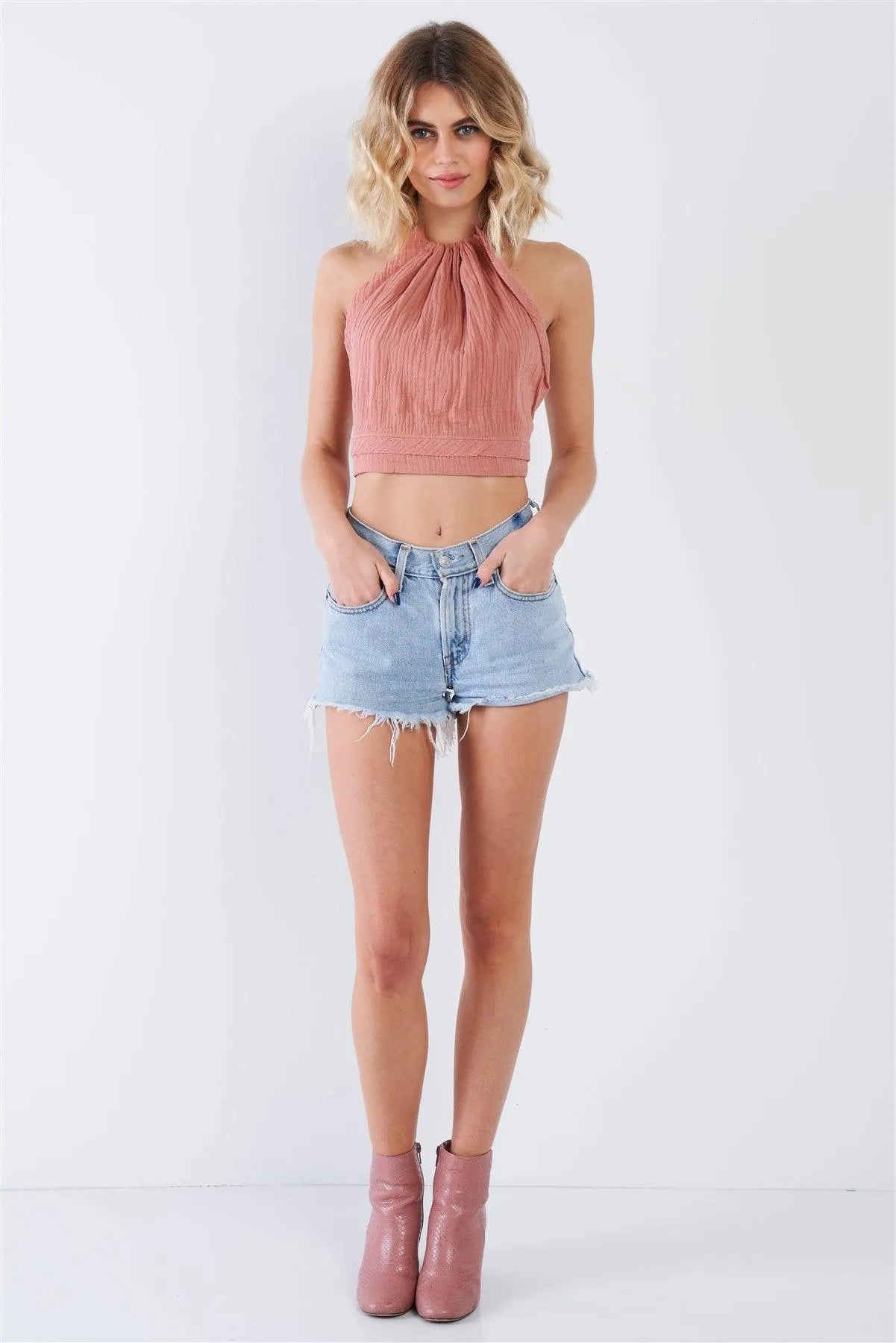Dark Rose Pink Boho Halter Open Back Crop Top /3-2-1 - Tasha Apparel Wholesale