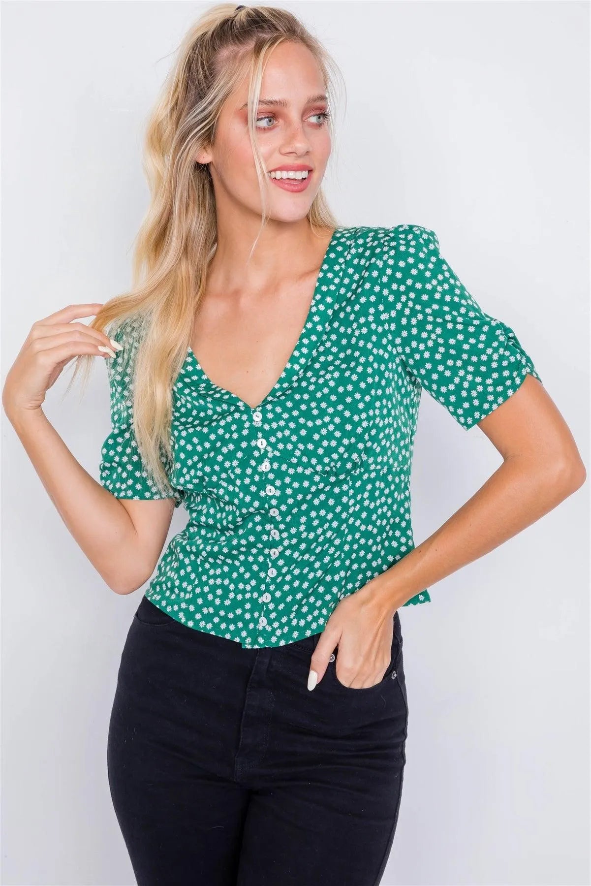 Green White Floral Chic Short Cinched Sleeve V-Neck Top /2-2-1 - Tasha Apparel Wholesale