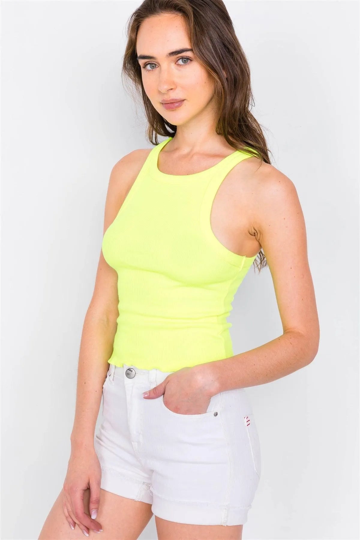Neon Yellow Sporty Chic Ruffle Trim Hem Ribbed Tank Top /3-2-1 - Tasha Apparel Wholesale