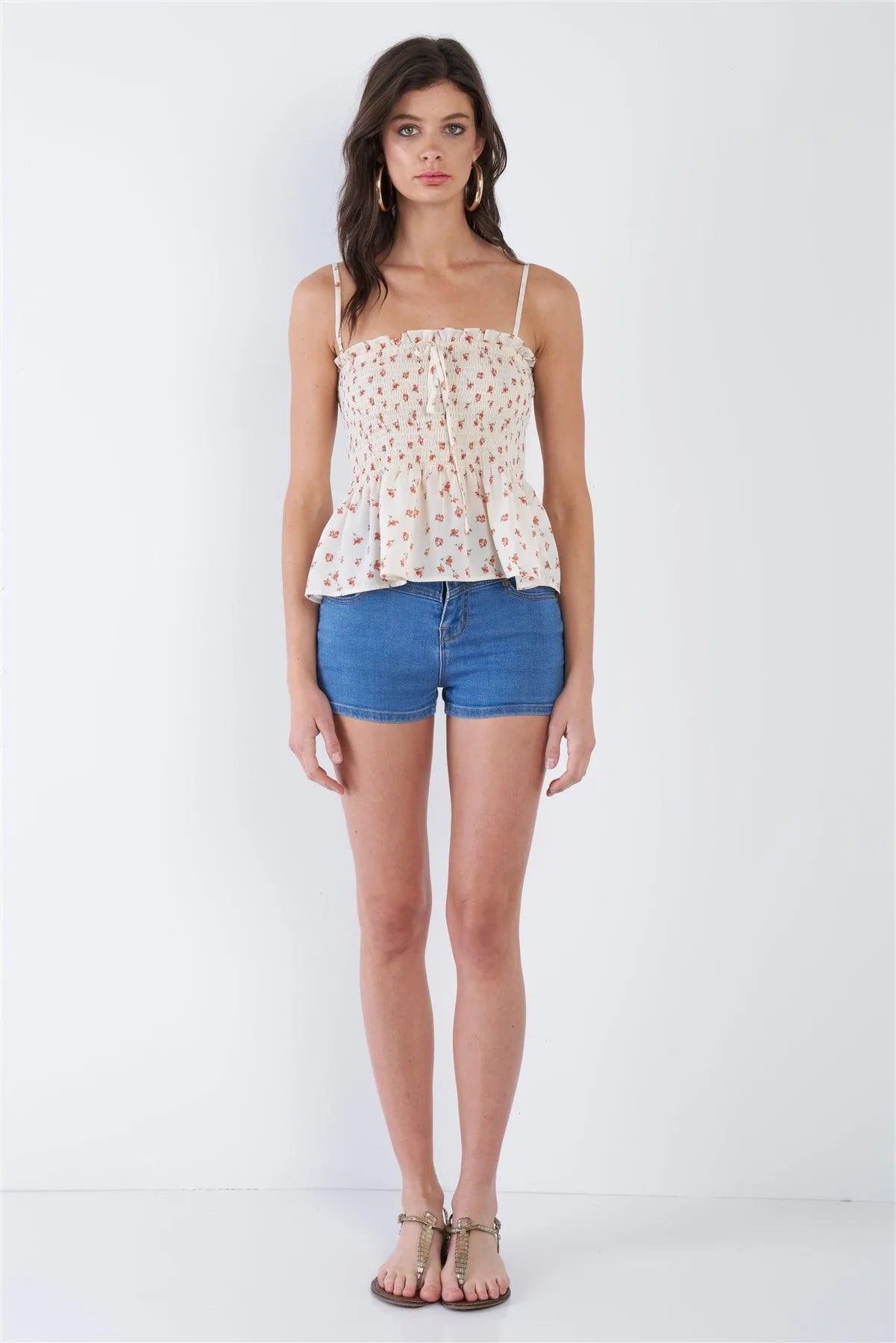 Cream Beige Boho Floral Square Neck Sheer Peplum Top /3-2-1 - Tasha Apparel Wholesale