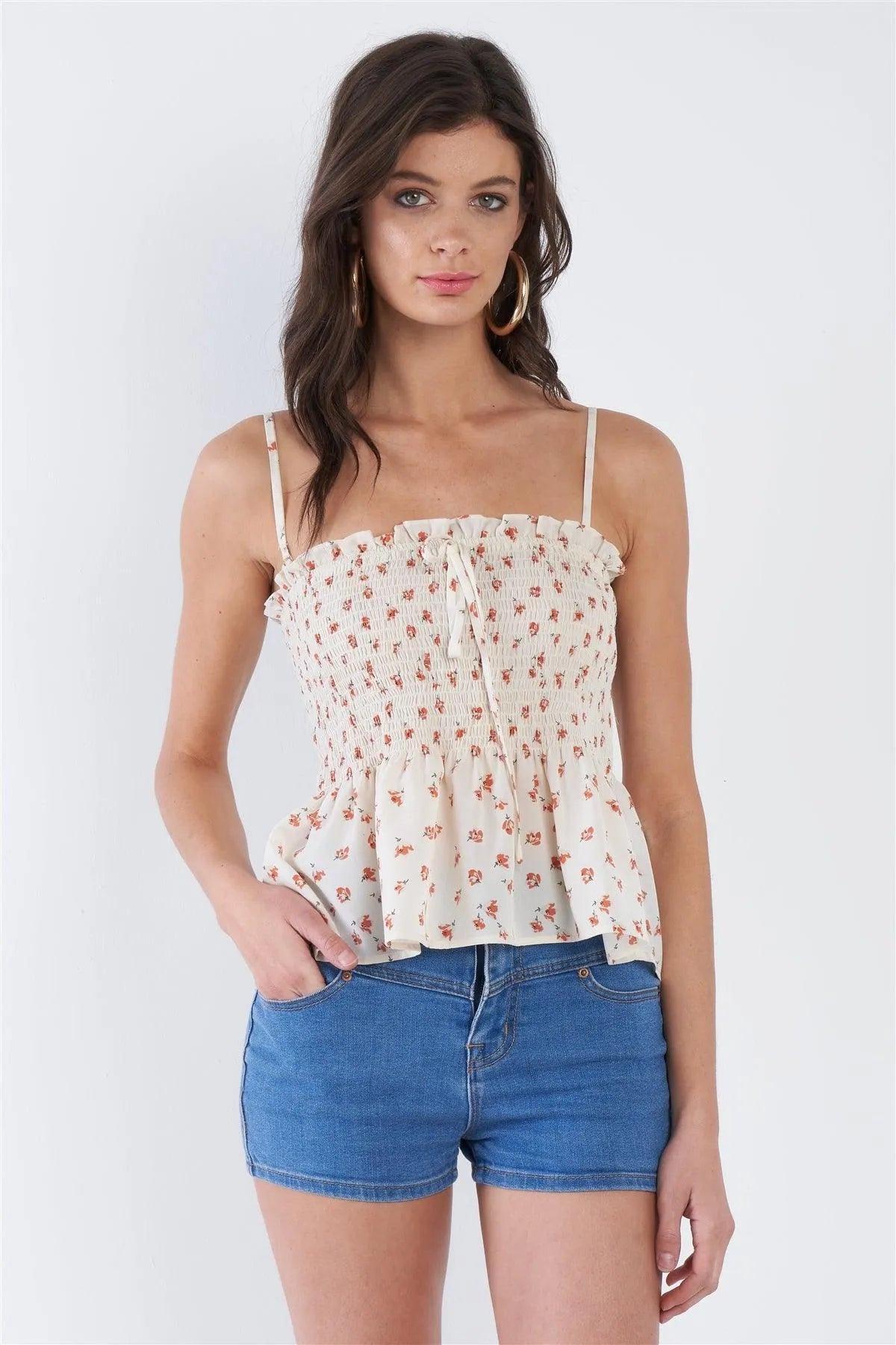 Cream Beige Boho Floral Square Neck Sheer Peplum Top /4-2-1 - Tasha Apparel Wholesale