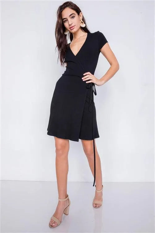 Black Cotton Ribbed V-Neck Casual Wrap Mini Dress /3-2-1 Black Cotton Ribbed V-Neck Casual Wrap Mini Dress /3-2-1