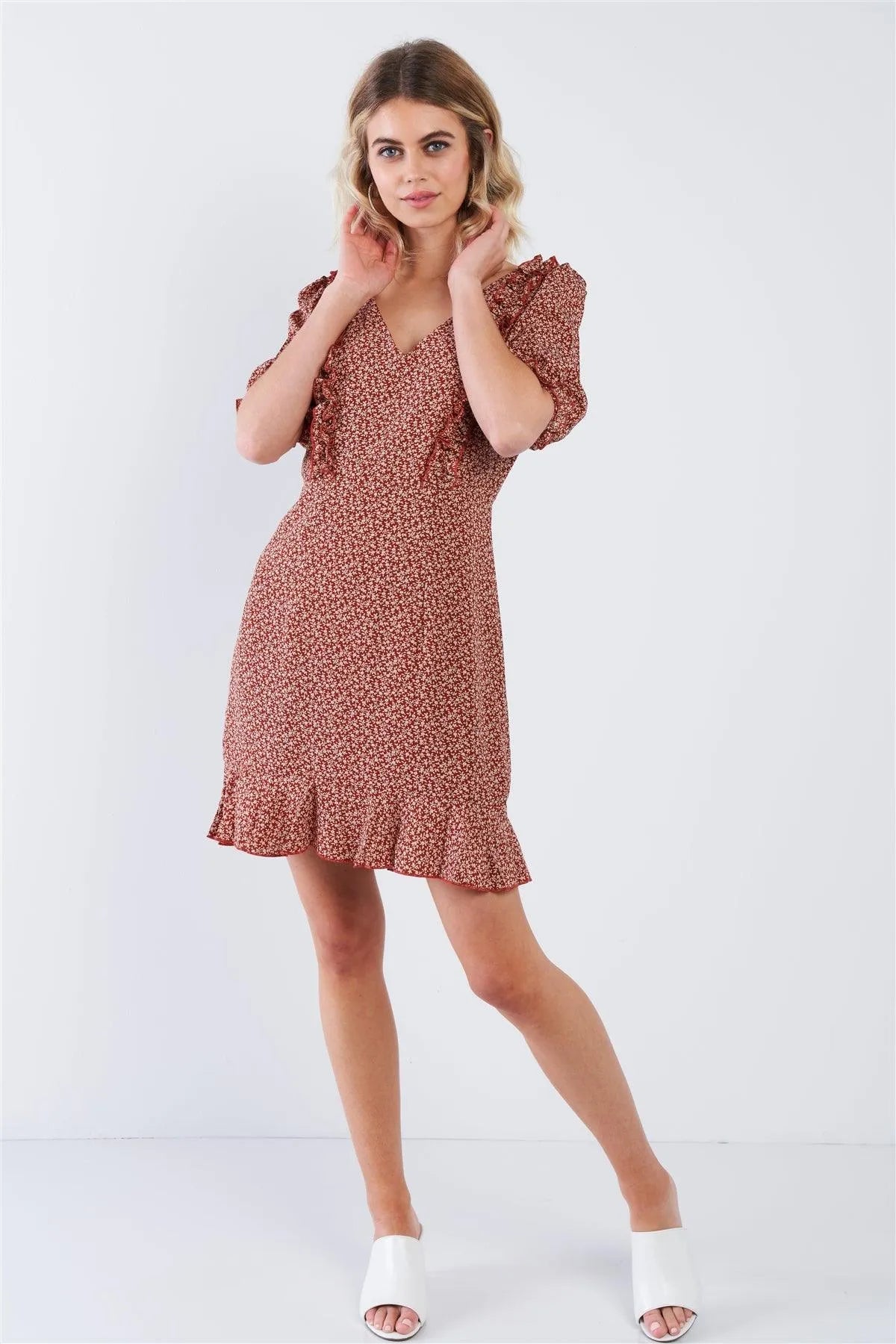Brick Red Floral Flounce V-Neck Puff Sleeve Mini Boho Dress /3-2-1 - Tasha Apparel Wholesale