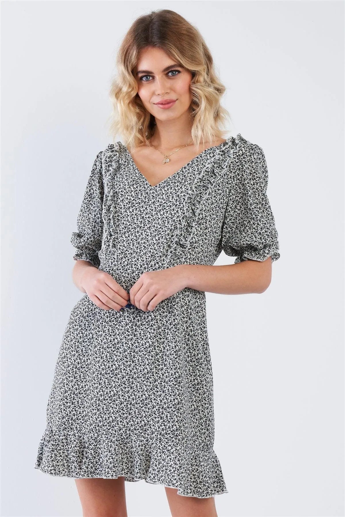 Ivory Floral Flounce V-Neck Puff Sleeve Mini Boho Dress /3-2-1 - Tasha Apparel Wholesale