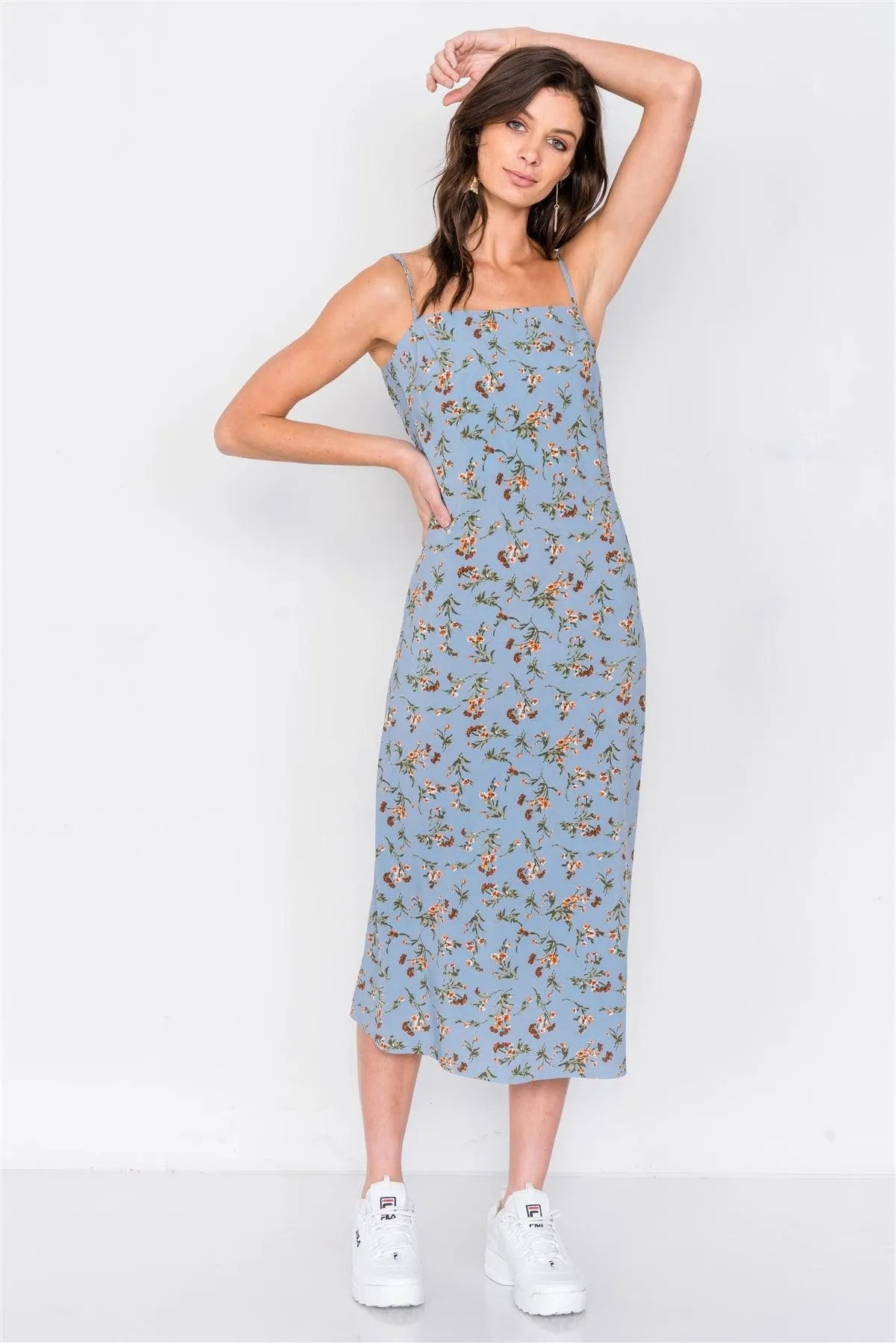 Sky Blue Open Back Boho Floral Print Midi Dress /3-2-1 - Tasha Apparel Wholesale