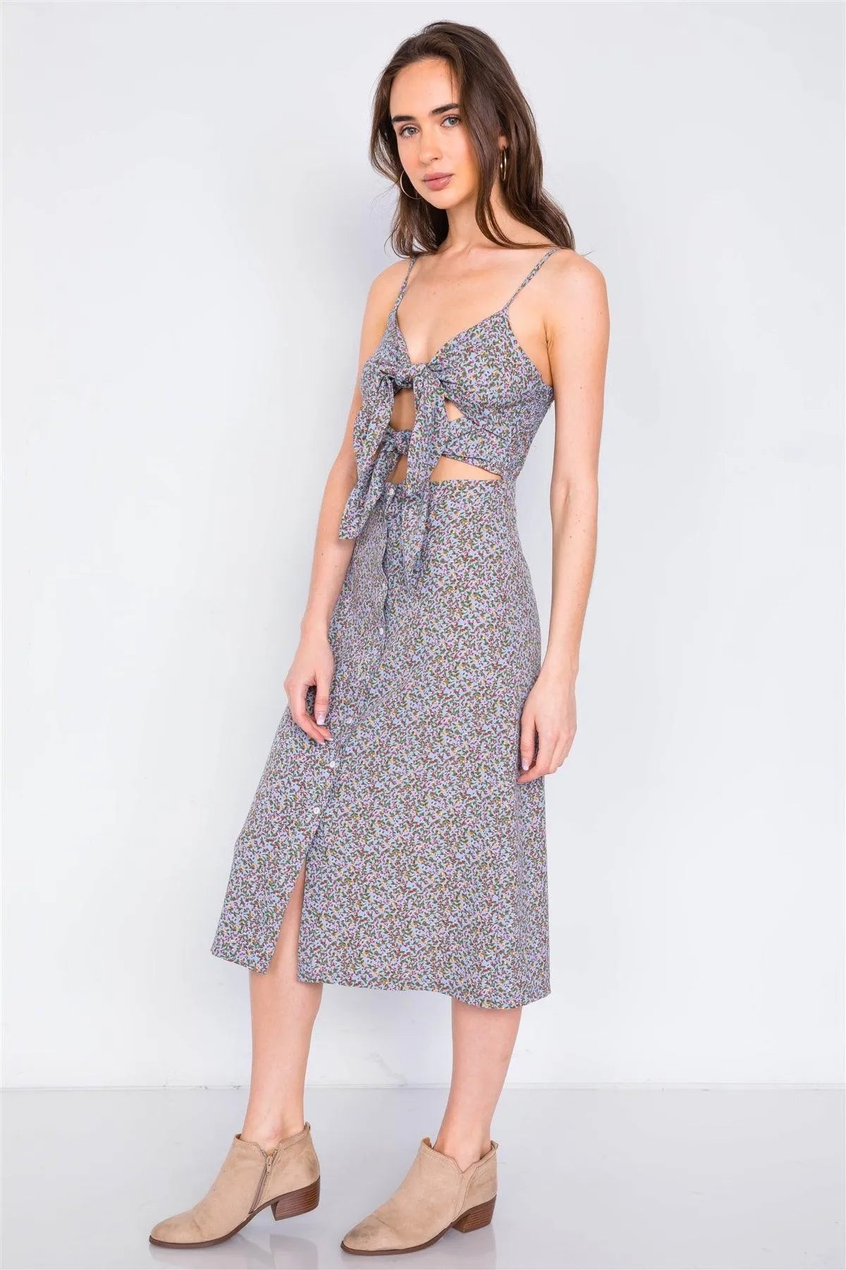 Sky Minimalist Floral Print Center Cut Out Chic Midi Dress /4-2-1 - Tasha Apparel Wholesale