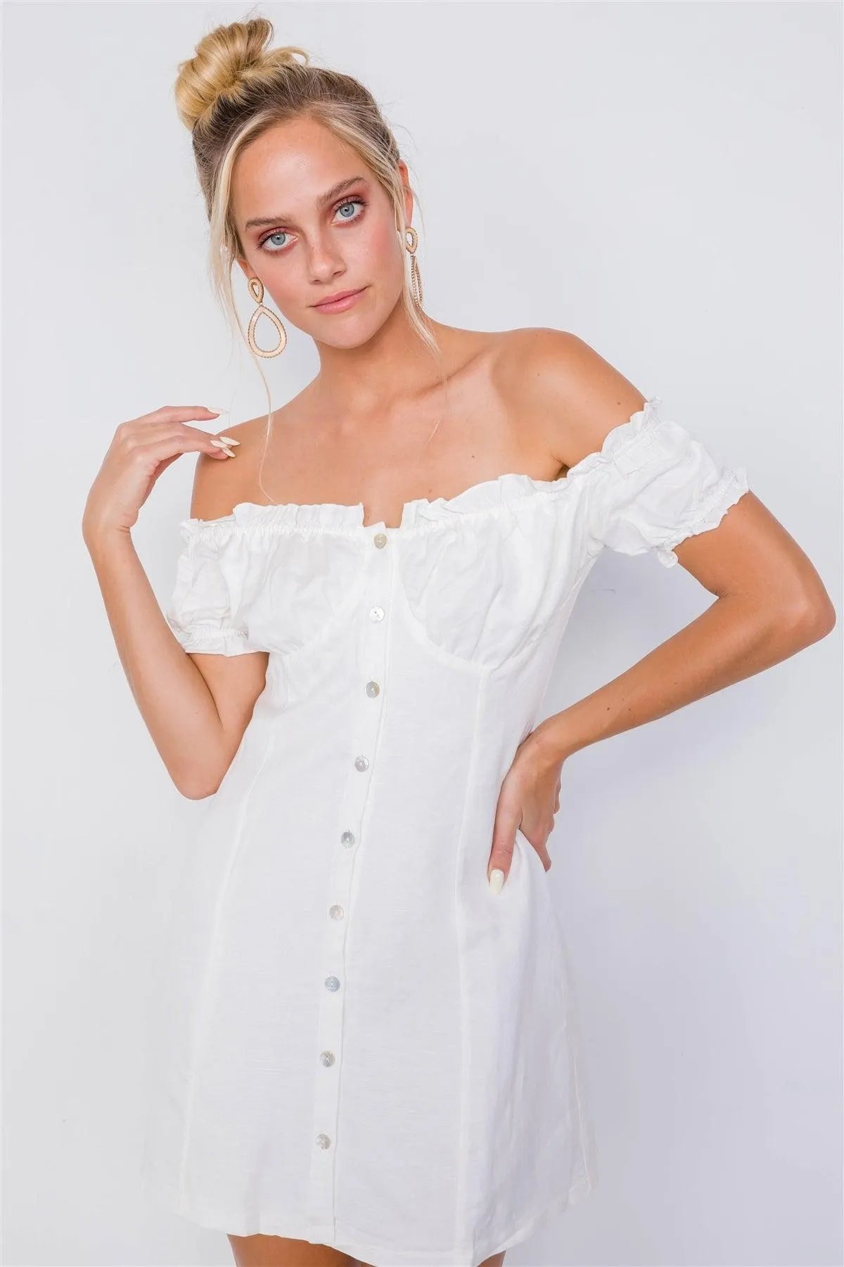 Vintage Off-White Linen Off-The-Shoulder Frill Trim Cap Sleeve Mini Dress /1-1-1 - Tasha Apparel Wholesale