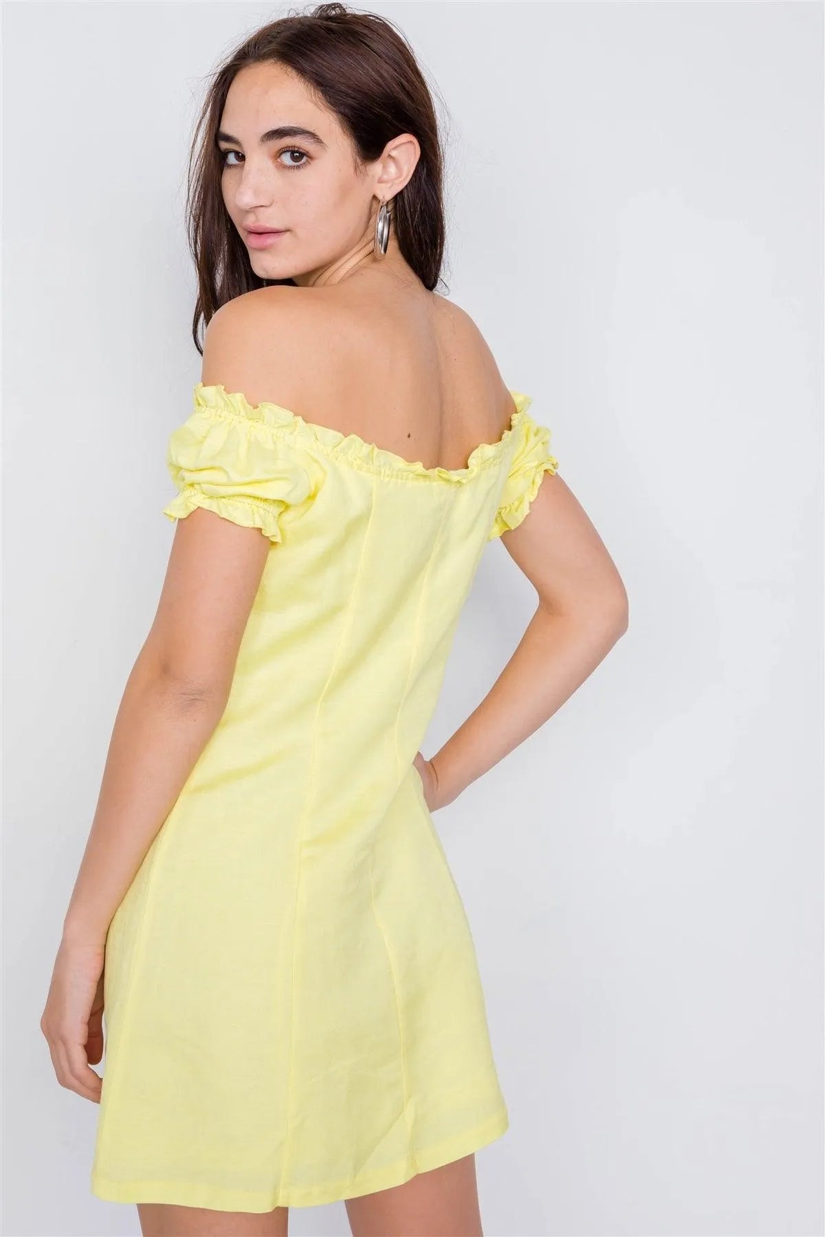 Vintage Yellow Linen Off-The-Shoulder Frill Trim Cap Sleeve Mini Dress /3-2-1 - Tasha Apparel Wholesale