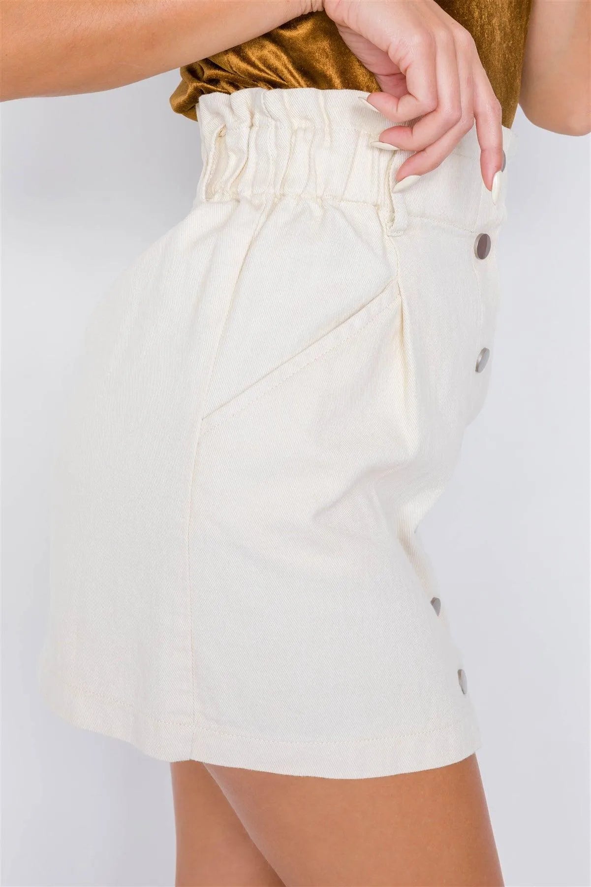 Ivory Cotton Front Button Ruffle Trim High Waist Mini Skirt /3-2-1 - Tasha Apparel Wholesale
