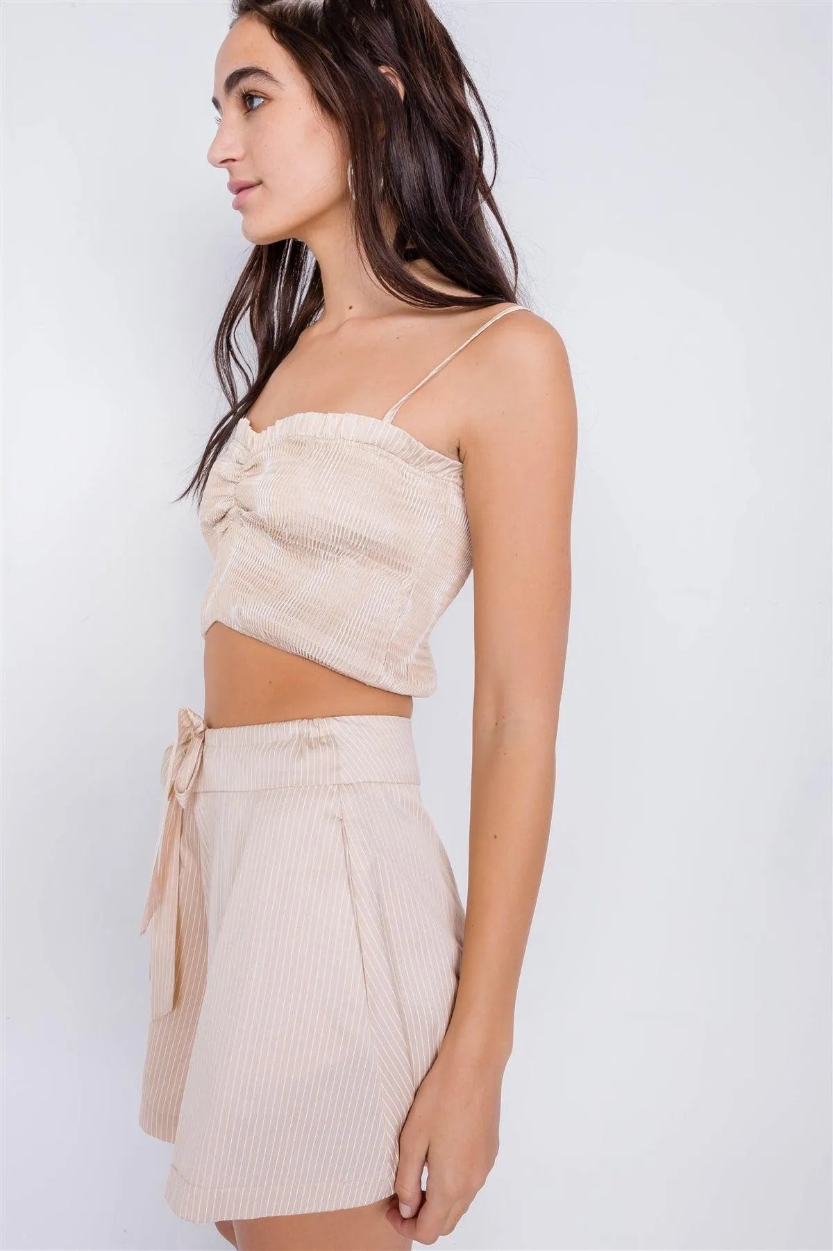 Beige Cotton Tie Dye Pinstripe Square Neck Crop Top & Mini Chic Short Set /4-2-1 - Tasha Apparel Wholesale