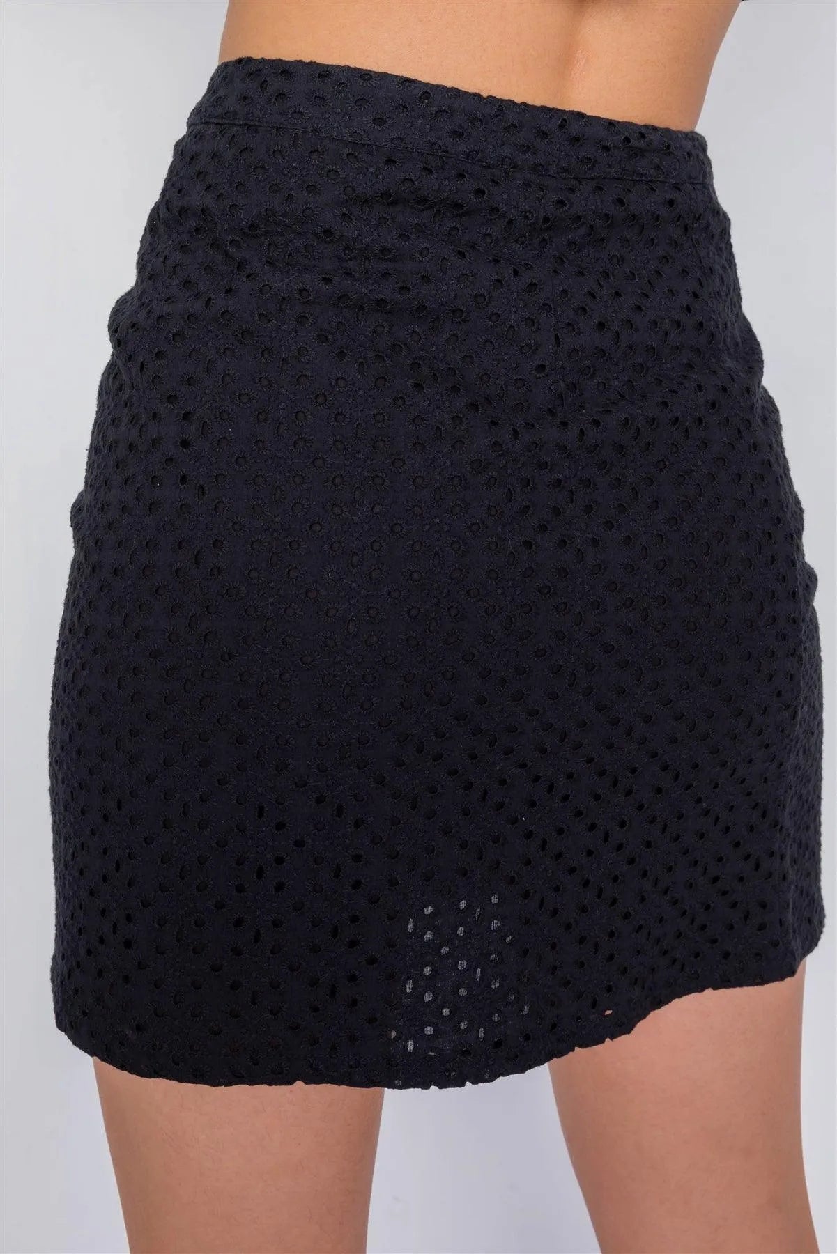 Black Eyelet Open Back Ruffle Trim Cop & Vintage Mini Skirt Set /2-1-1 - Tasha Apparel Wholesale