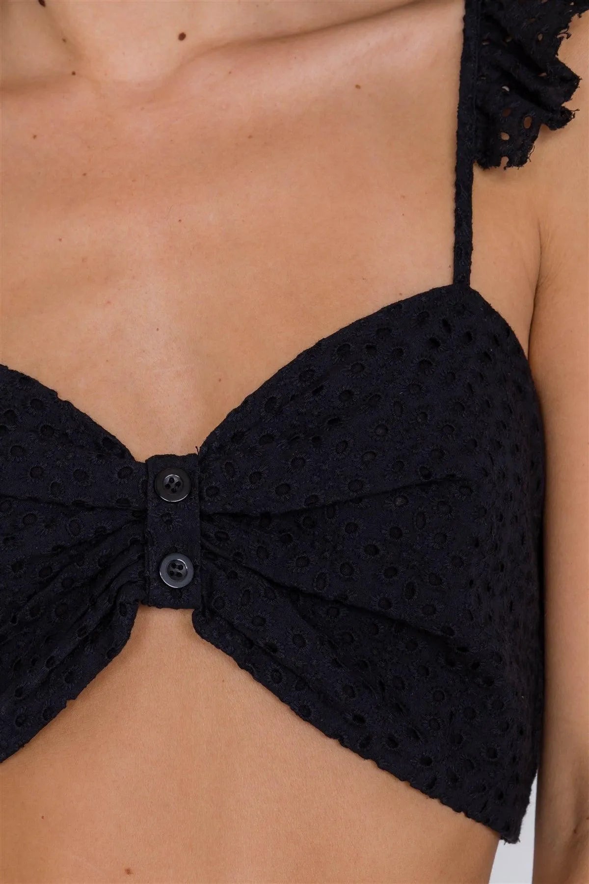 Black Eyelet Open Back Ruffle Trim Cop & Vintage Mini Skirt Set /3-2-1 - Tasha Apparel Wholesale