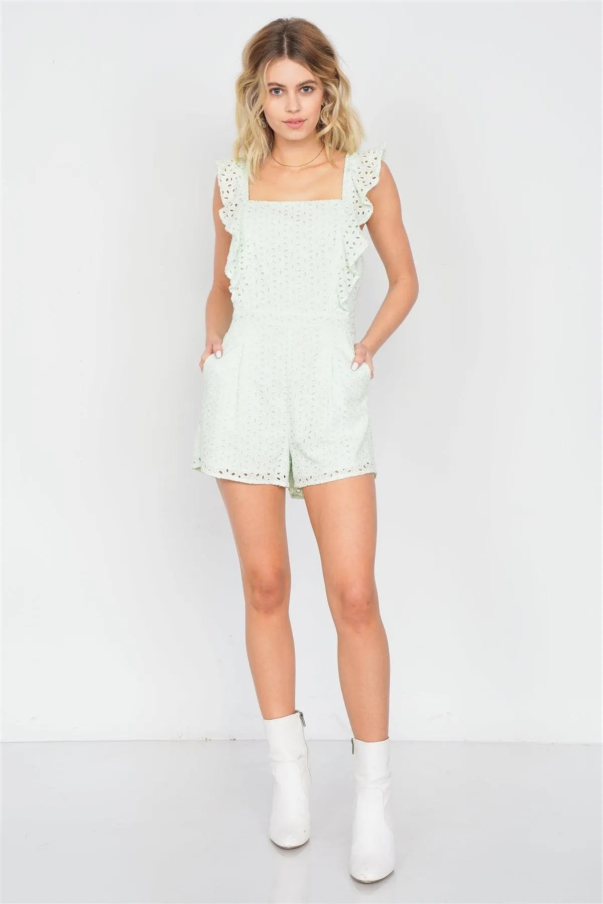 Melon Lime Green Eyelet Mini Short Romper /4-2-1 - Tasha Apparel Wholesale