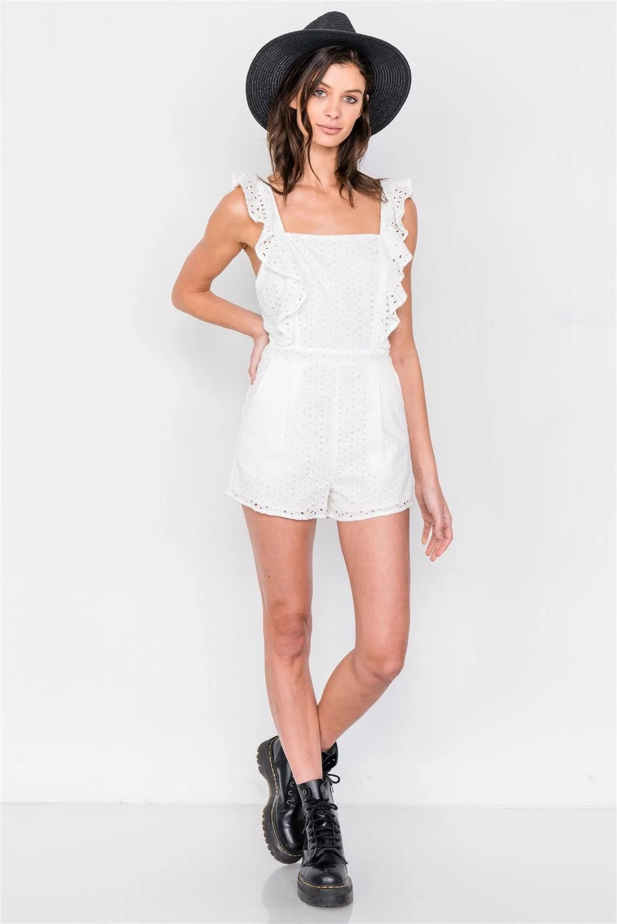 Off-White Eyelet Mini Short Romper /3-2-1 - Tasha Apparel Wholesale