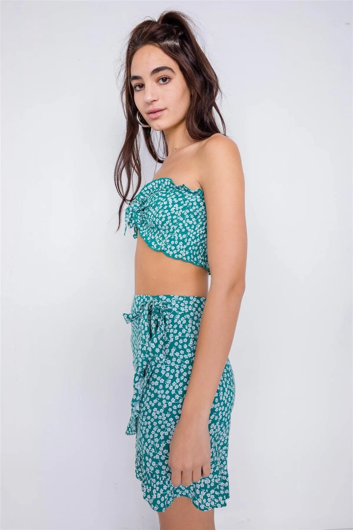 Green Boho White Floral Print Bandeau Mini Wrap Skirt Set /3-2-1 - Tasha Apparel Wholesale