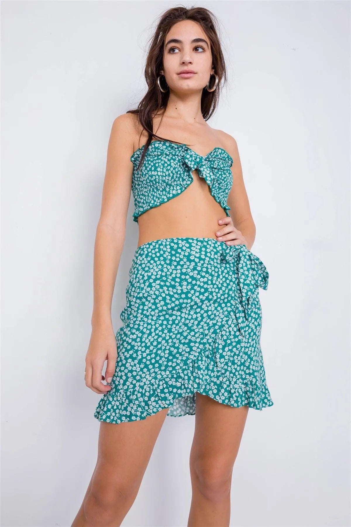 Green Boho White Floral Print Bandeau Mini Wrap Skirt Set/4-2-1 - Tasha Apparel Wholesale