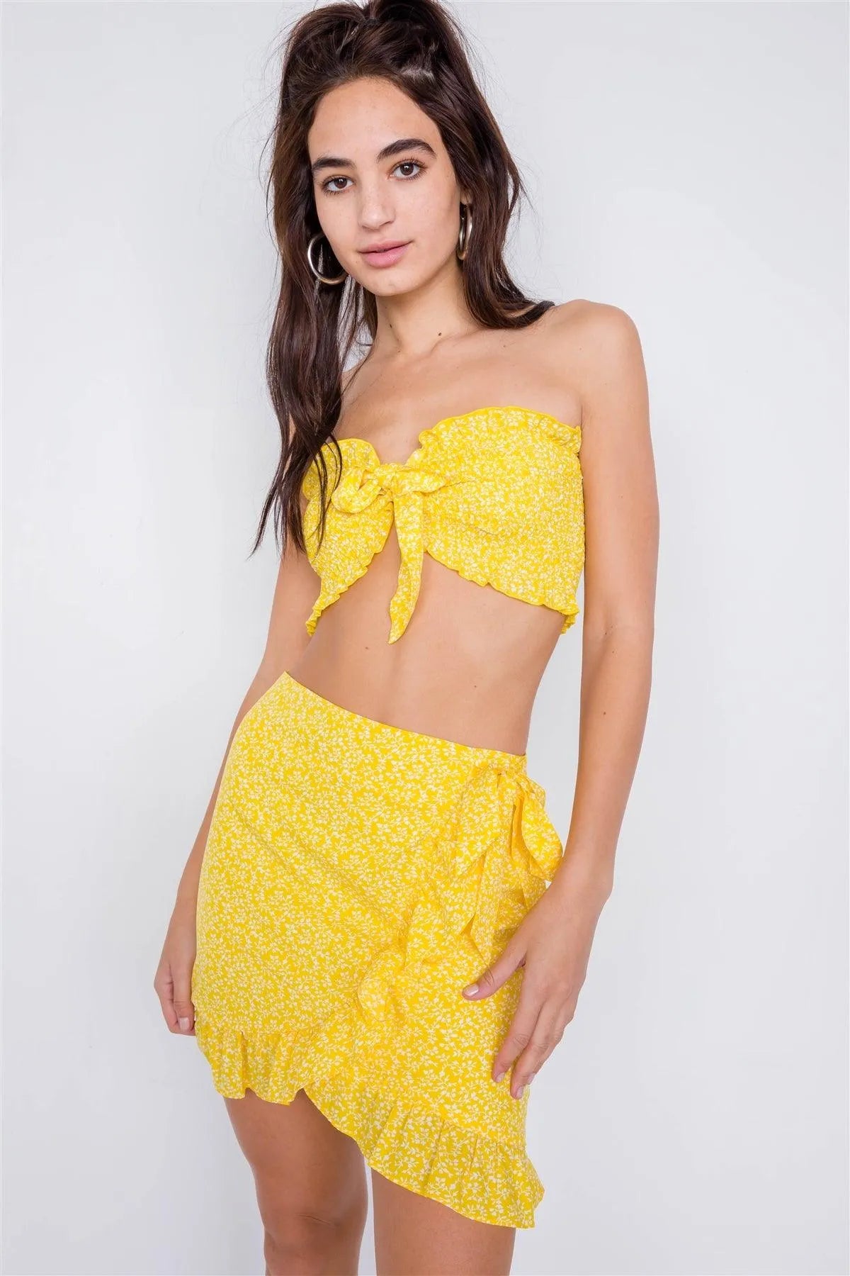 Yellow Boho White Floral Print Bandeau Mini Wrap Skirt Set /4-2-1 - Tasha Apparel Wholesale