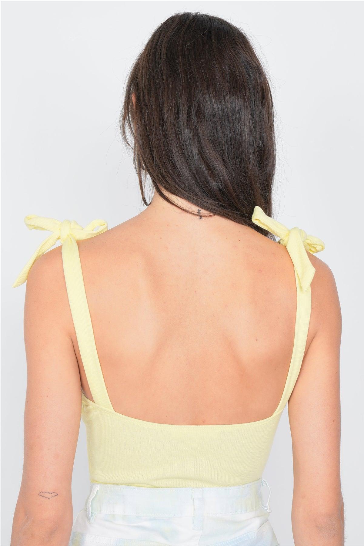 Yellow Knot Shoulder V-Neck Thong Snap Bodysuit