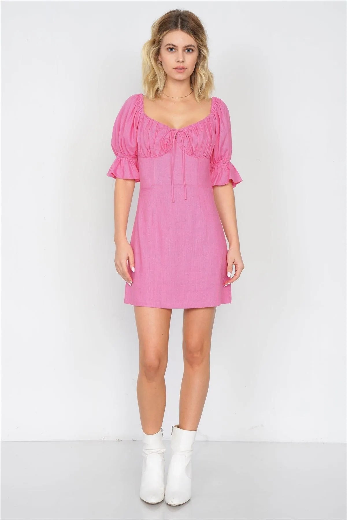 Pink Vintage Square Neck Flounce 3/4 Sleeve Mini Dress /4-2-1 - Tasha Apparel Wholesale