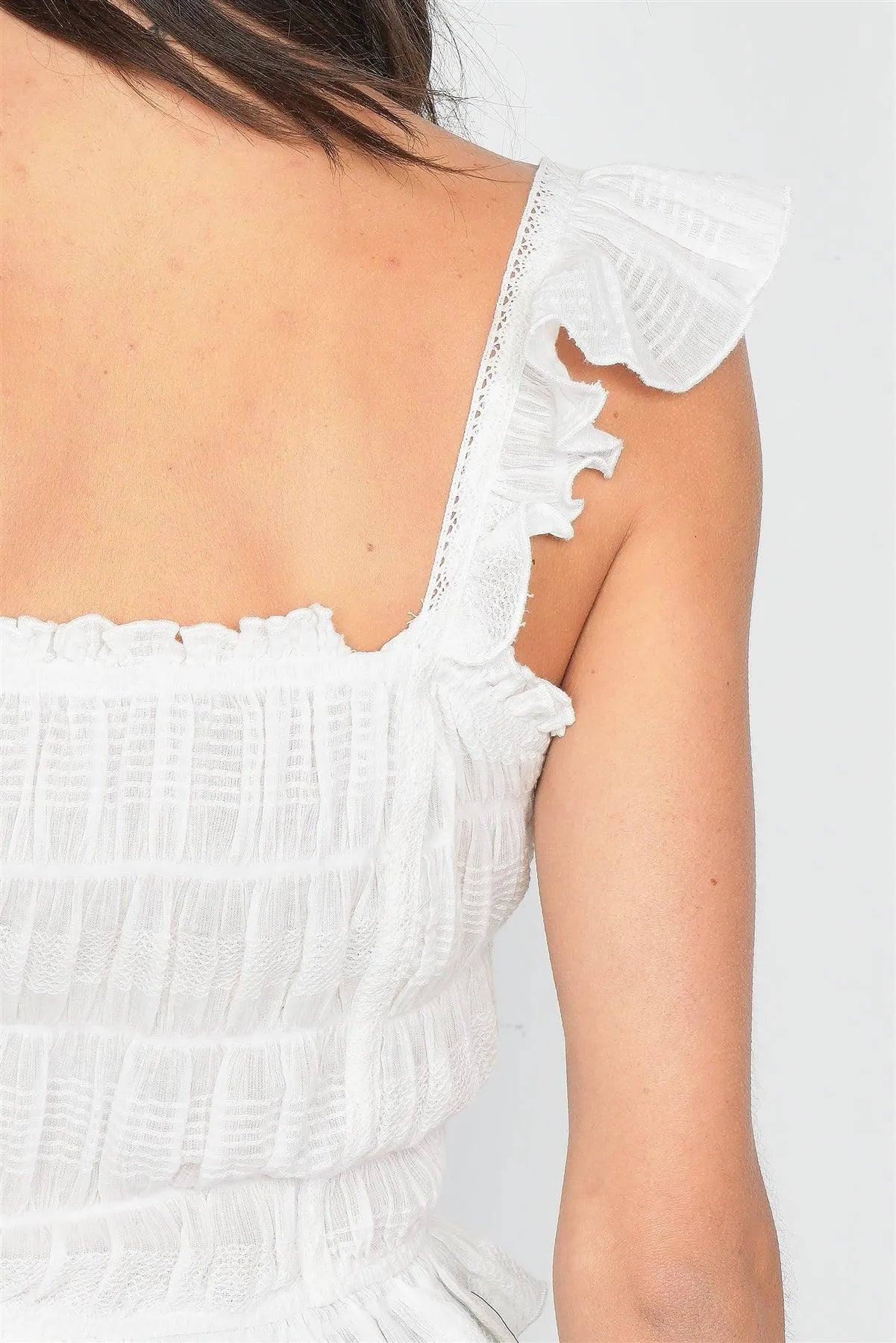 Off-White Frill Lace Trim Button Top /4-2-1 - Tasha Apparel Wholesale