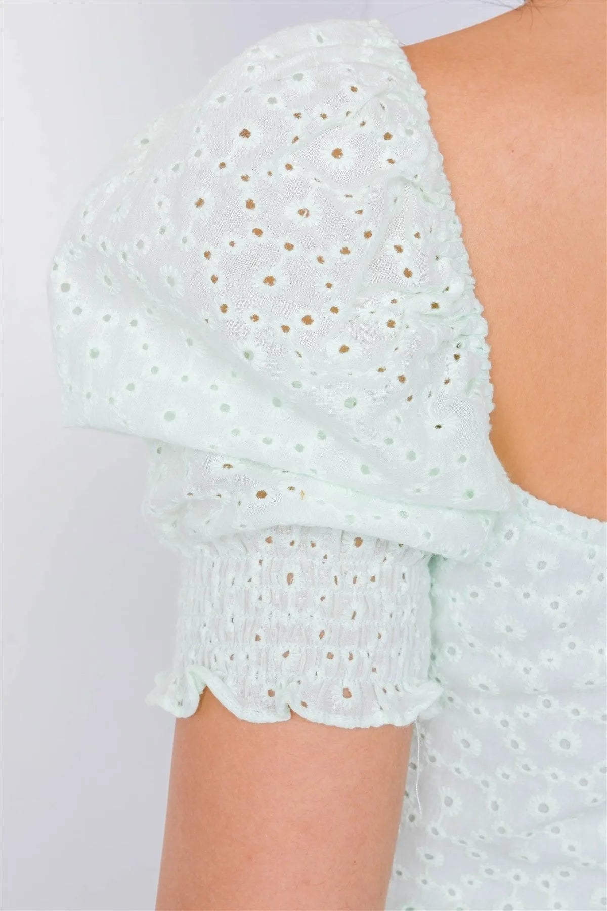 Melon Floral Eyelet Office Chic Square Neck Front Bow Top /2-2-1 - Tasha Apparel Wholesale
