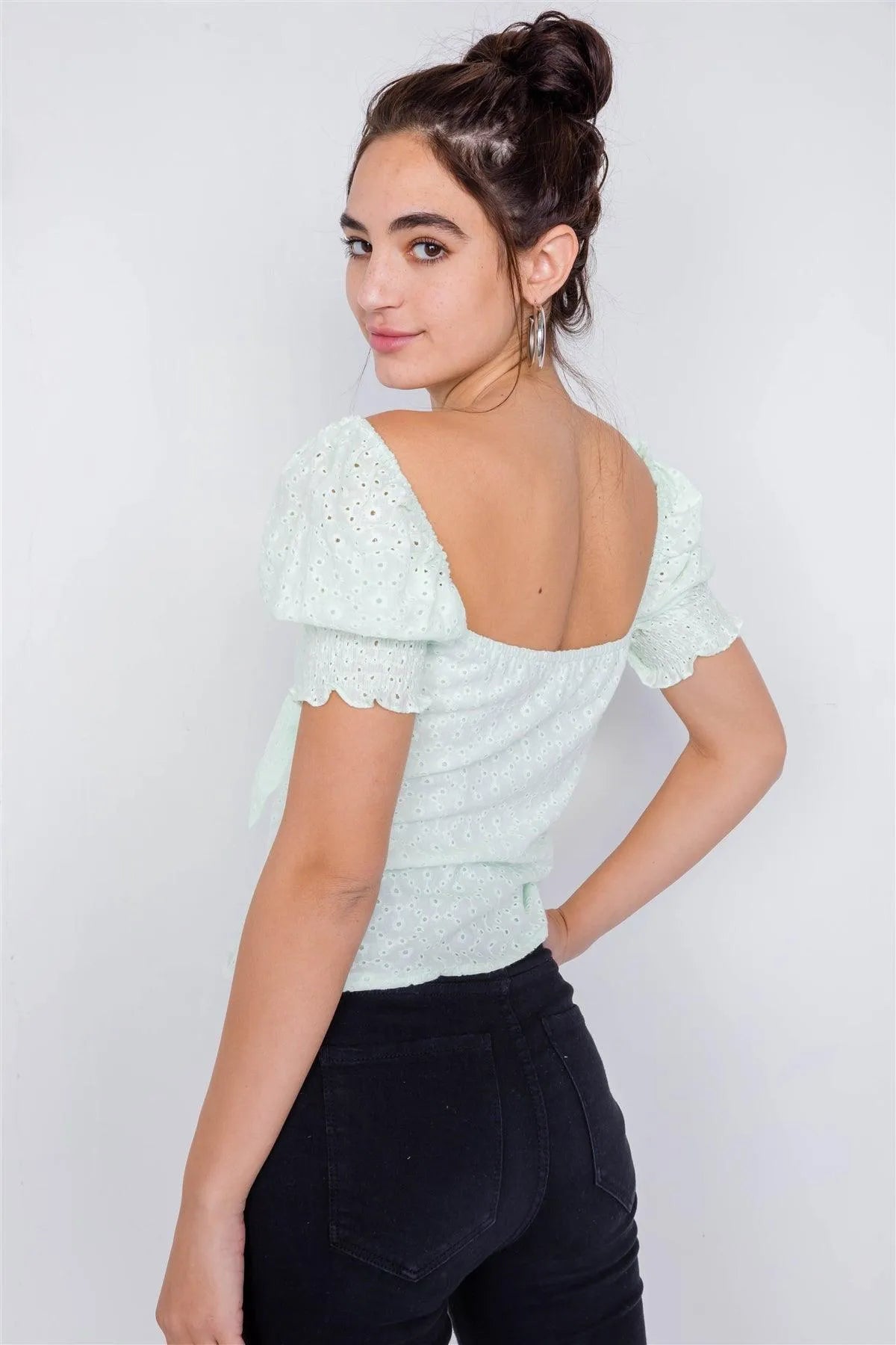 Melon Floral Eyelet Office Chic Square Neck Front Bow Top /3-2-1 - Tasha Apparel Wholesale