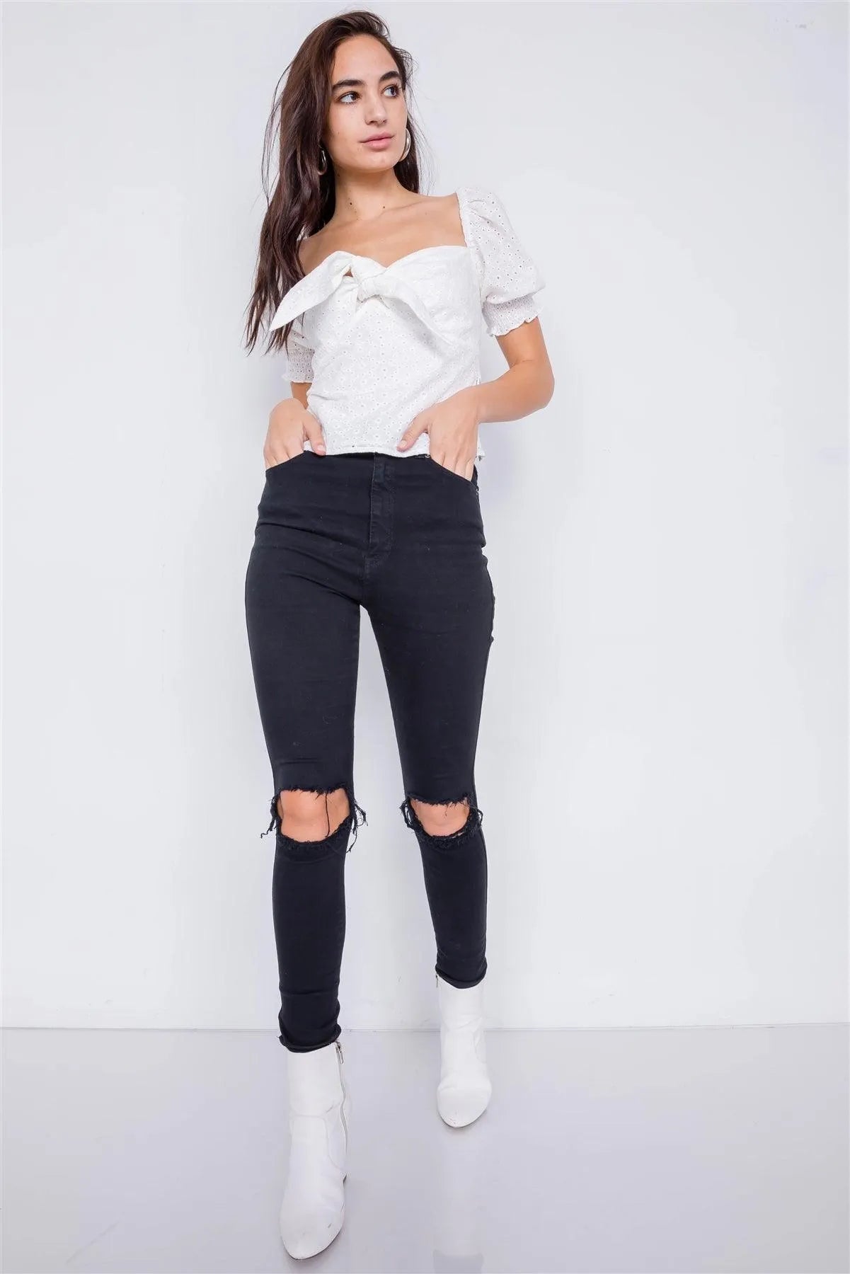Off-White Floral Eyelet Office Chic Square Neck Front Bow Top /3-2-1 - Tasha Apparel Wholesale