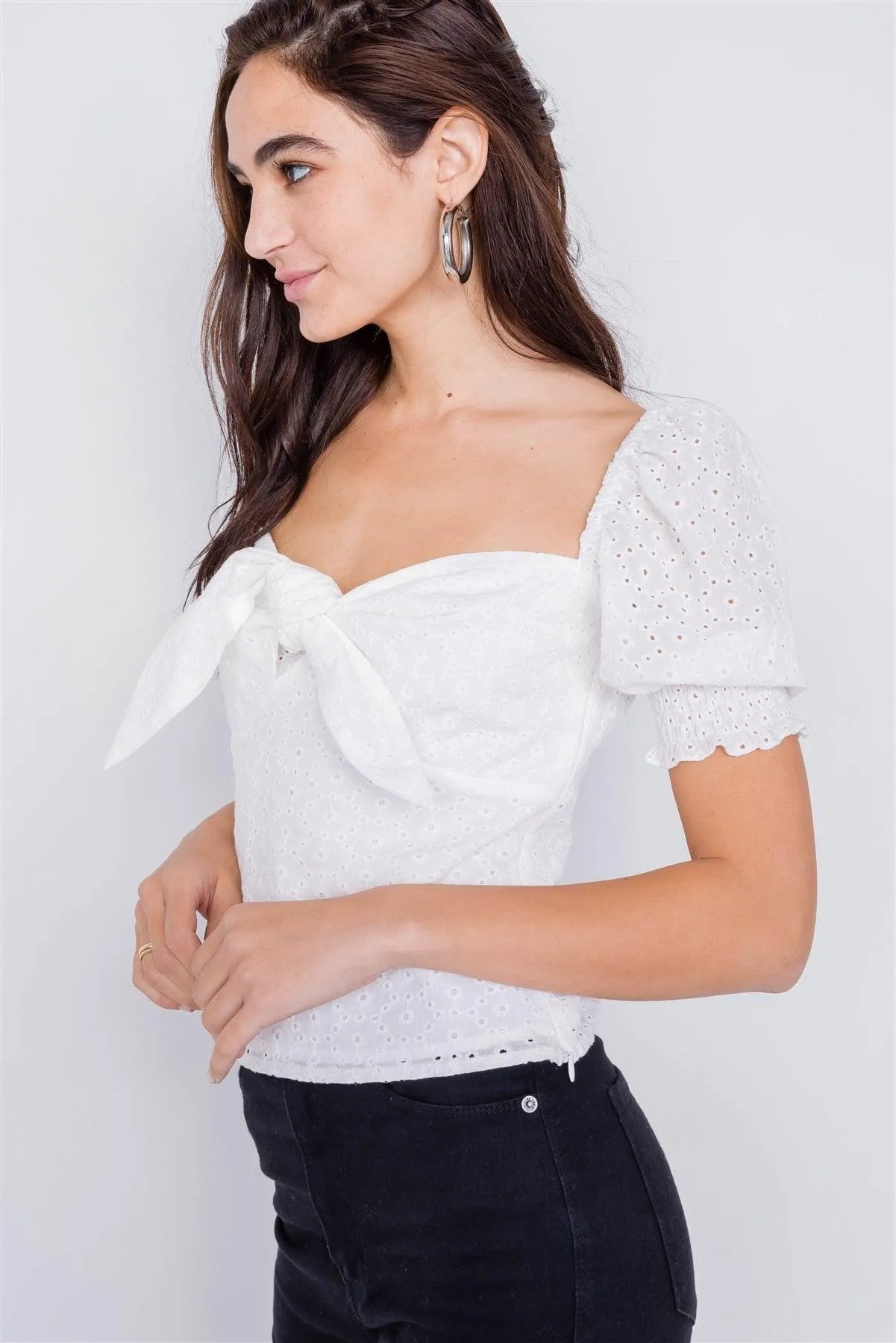 Off-White Floral Eyelet Office Chic Square Neck Front Bow Top /4-2-1 - Tasha Apparel Wholesale