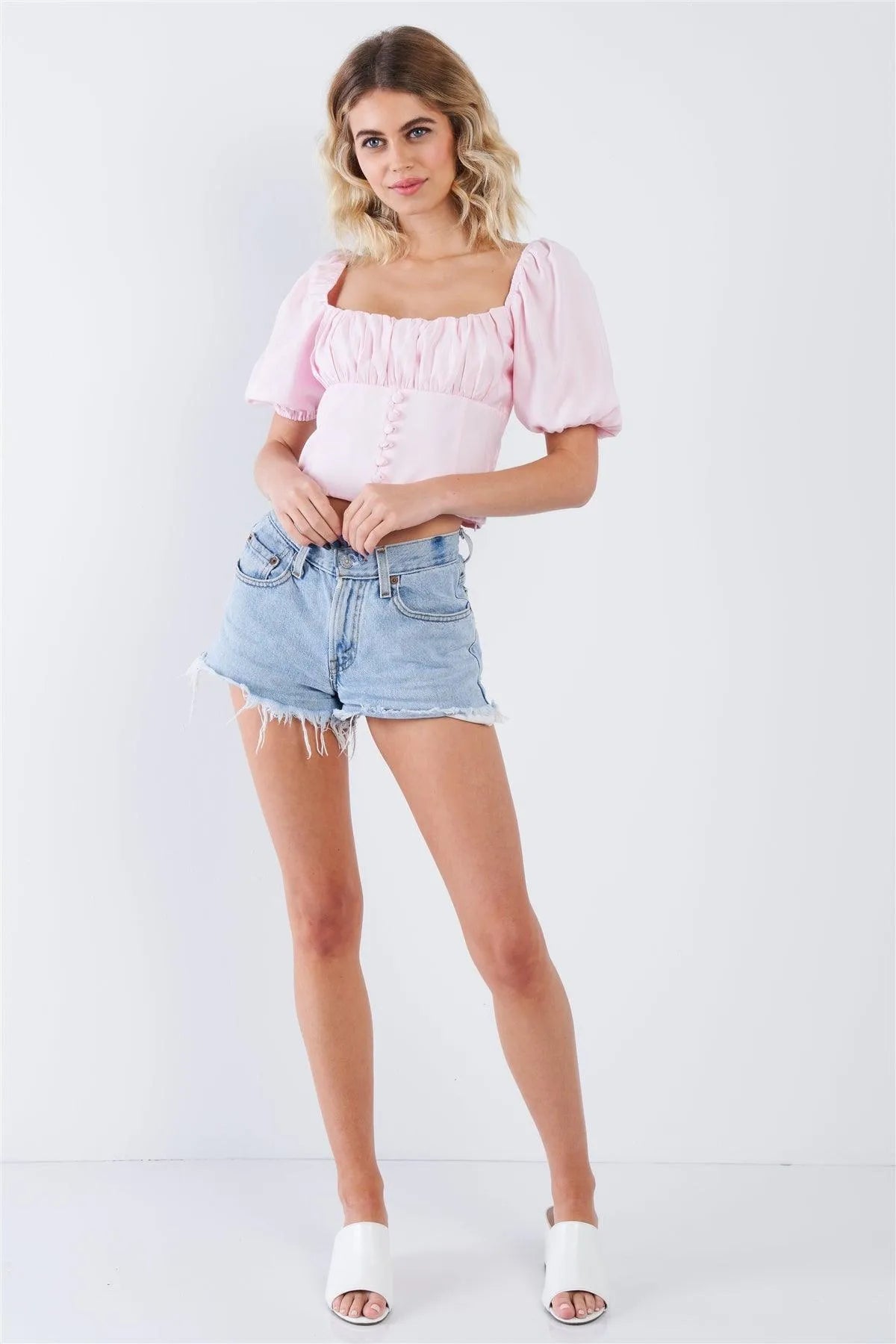 Pink Vintage Cap Puff Sleeve Mock Button Crop Top - Tasha Apparel Wholesale