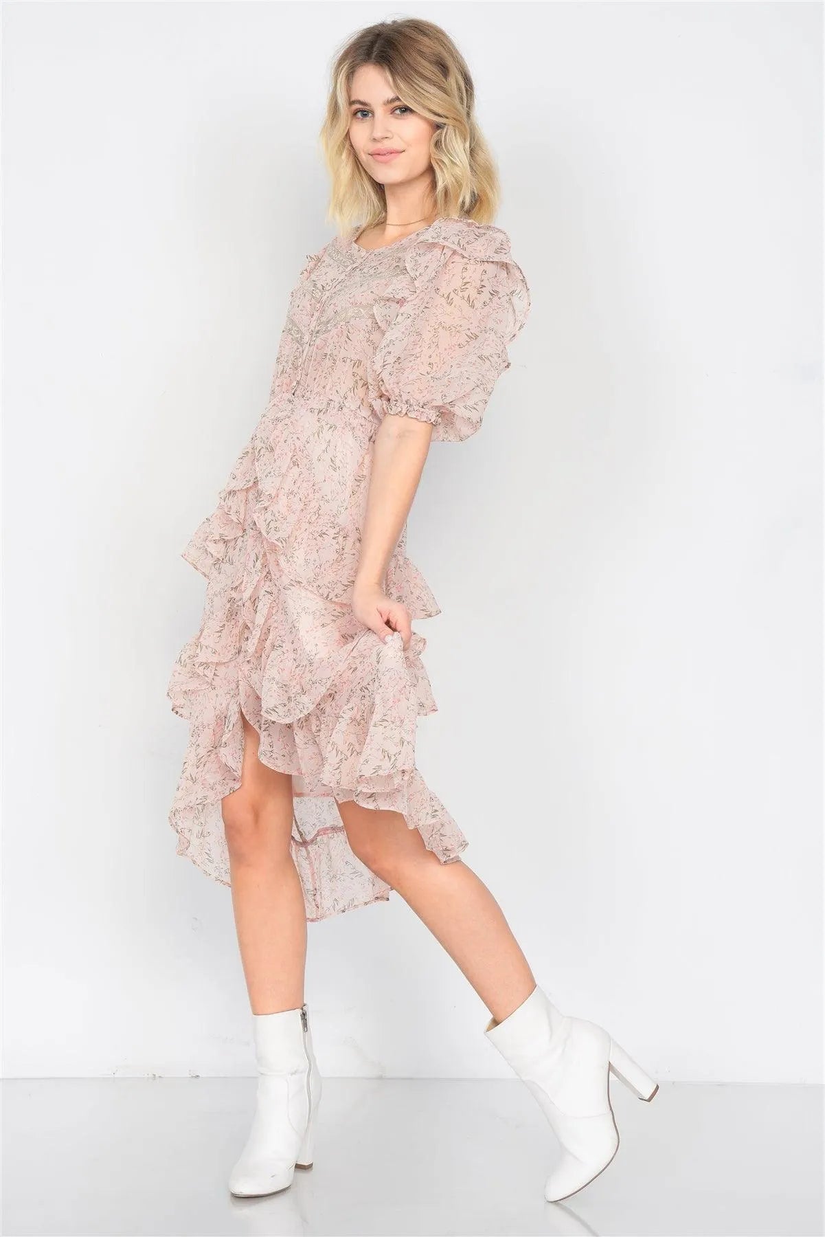 Dusty Rose Watercolor Floral Print Middle Slit Lace Sheer Trim Midi Dress - Tasha Apparel Wholesale