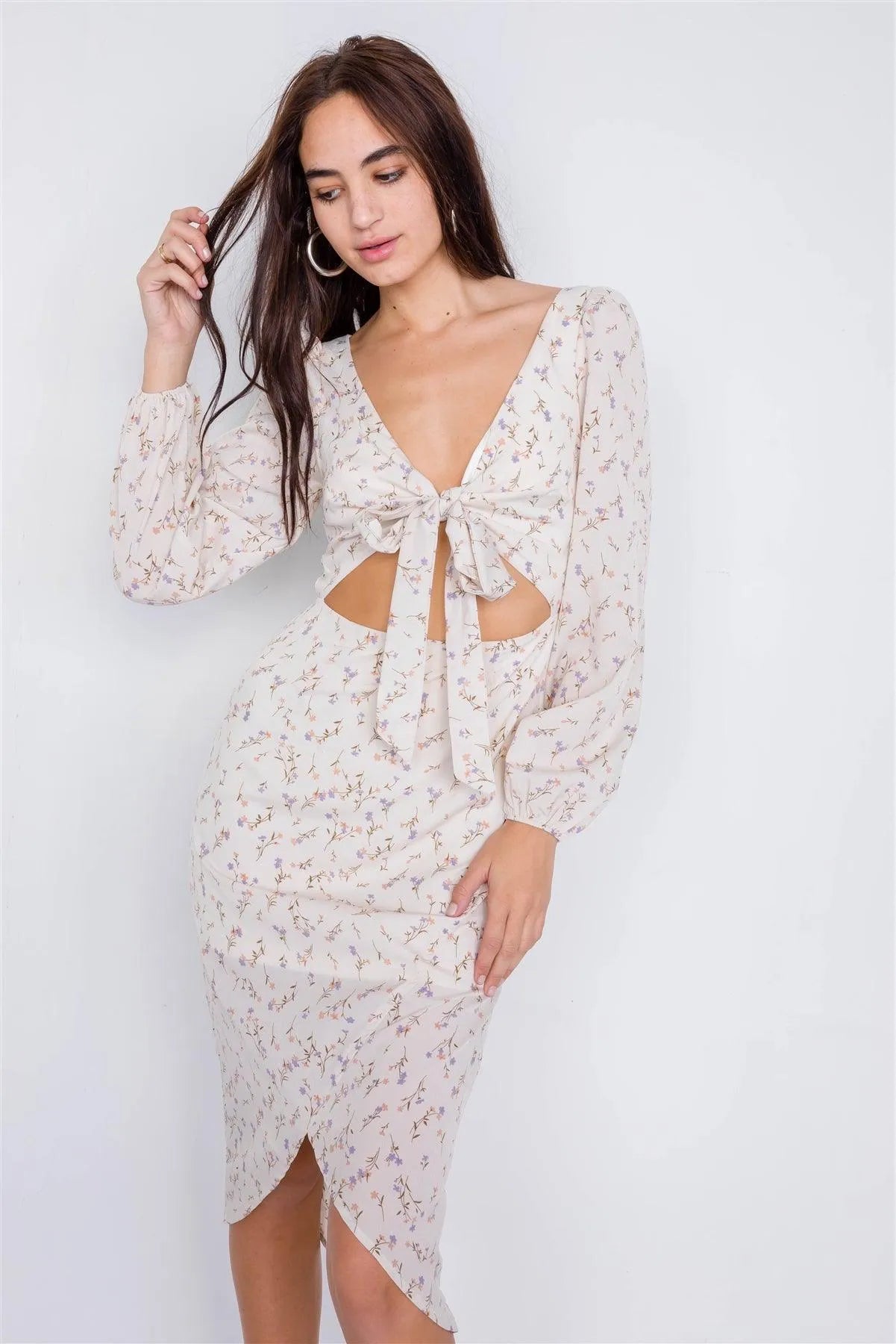 Flower Minimalist Print Center Cut-Out High-Low Midi Dress /1-1-1 - Tasha Apparel Wholesale