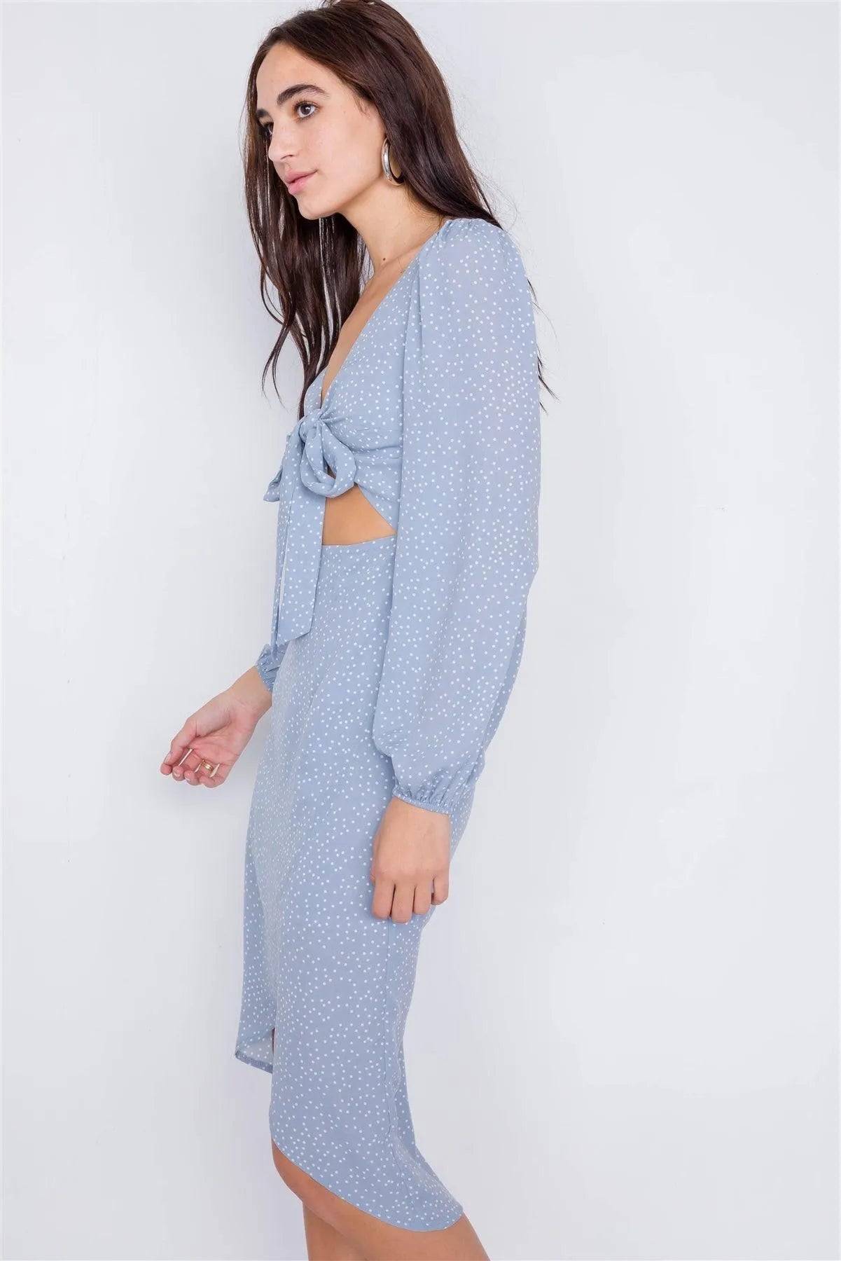 Sky Minimalist Print Center Cut-Out Polkadot High-Low Midi Dress /3-2-1 - Tasha Apparel Wholesale