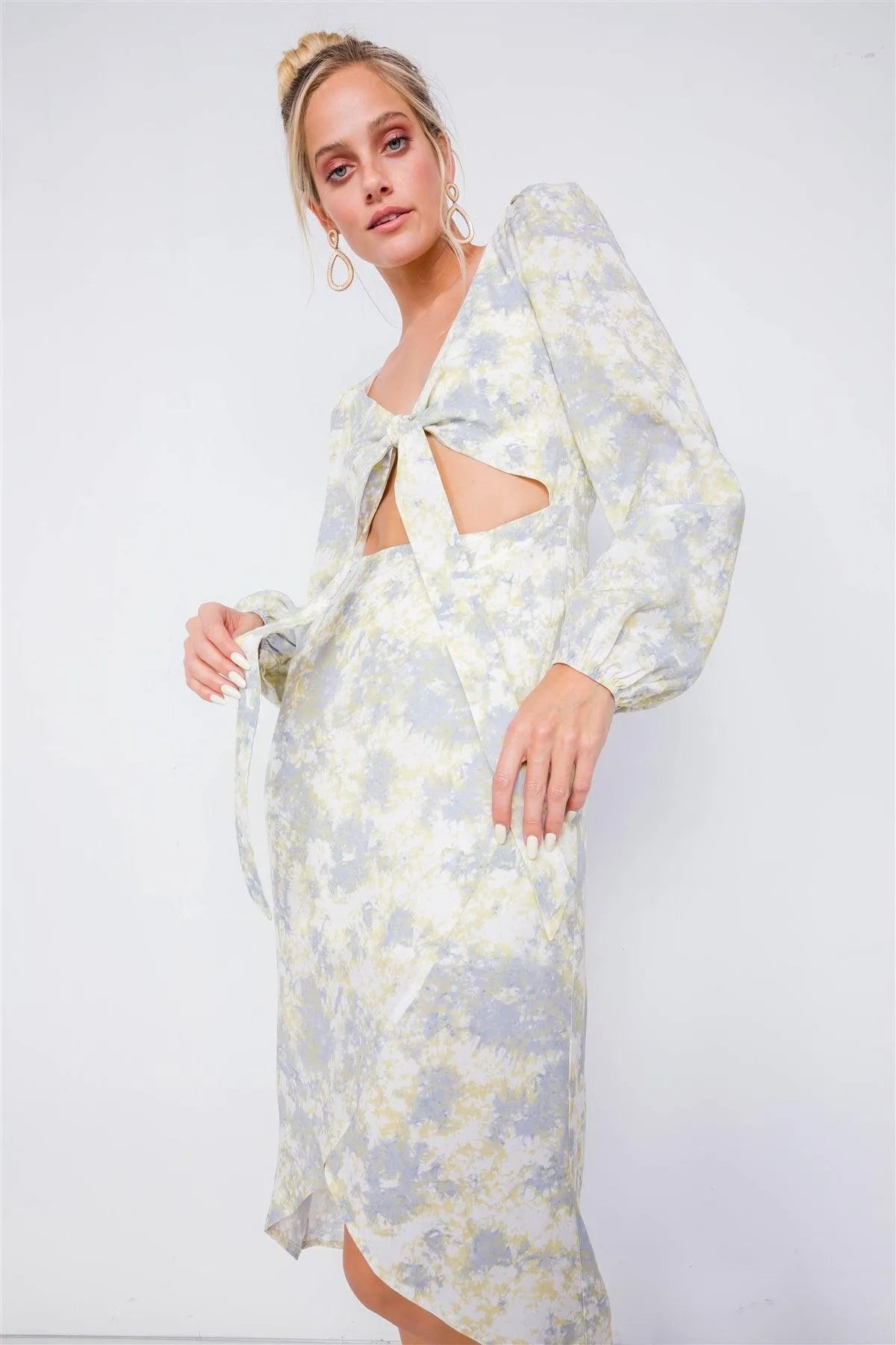 Yellow Minimalist Watercolor Print Center Cut-Out High-Low Midi Dress /3-2-1 - Tasha Apparel Wholesale
