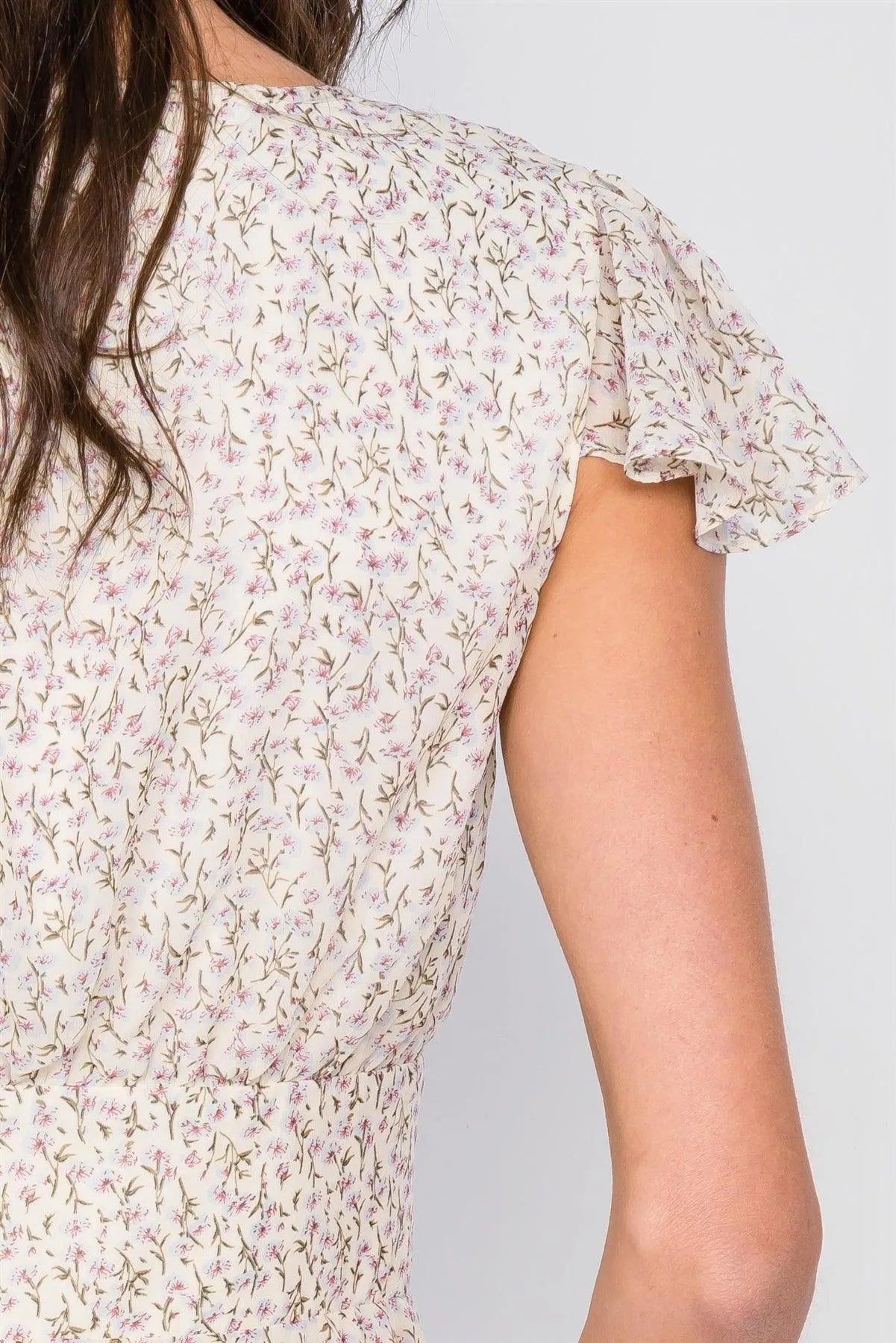 Cream Yellow Scoop Neck Front Button Floral Mini Dress /4-2-1 - Tasha Apparel Wholesale