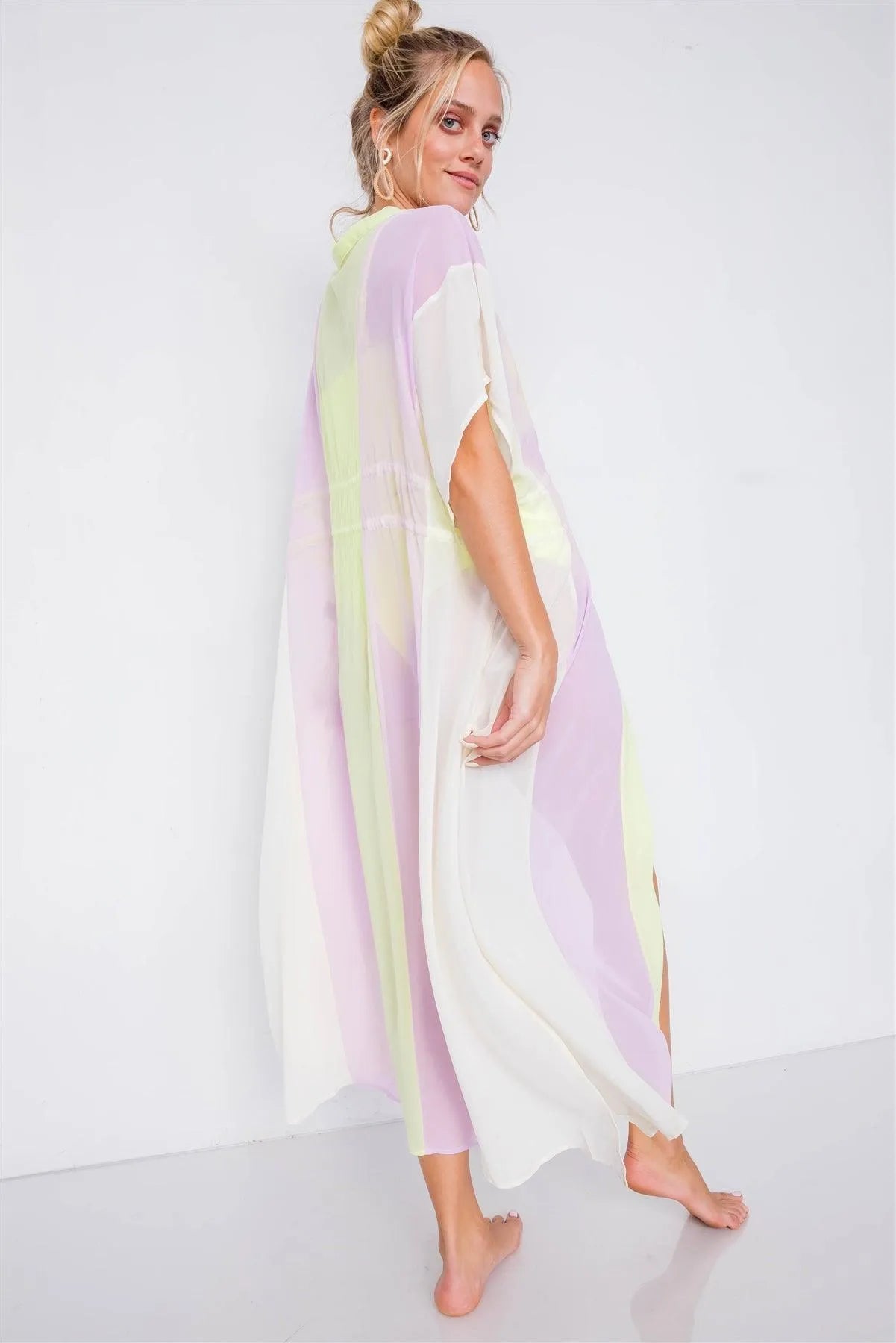 Lemonade Color Block Sheer Waist Tie Maxi Cover-Up Kimono /2-2-1 - Tasha Apparel Wholesale