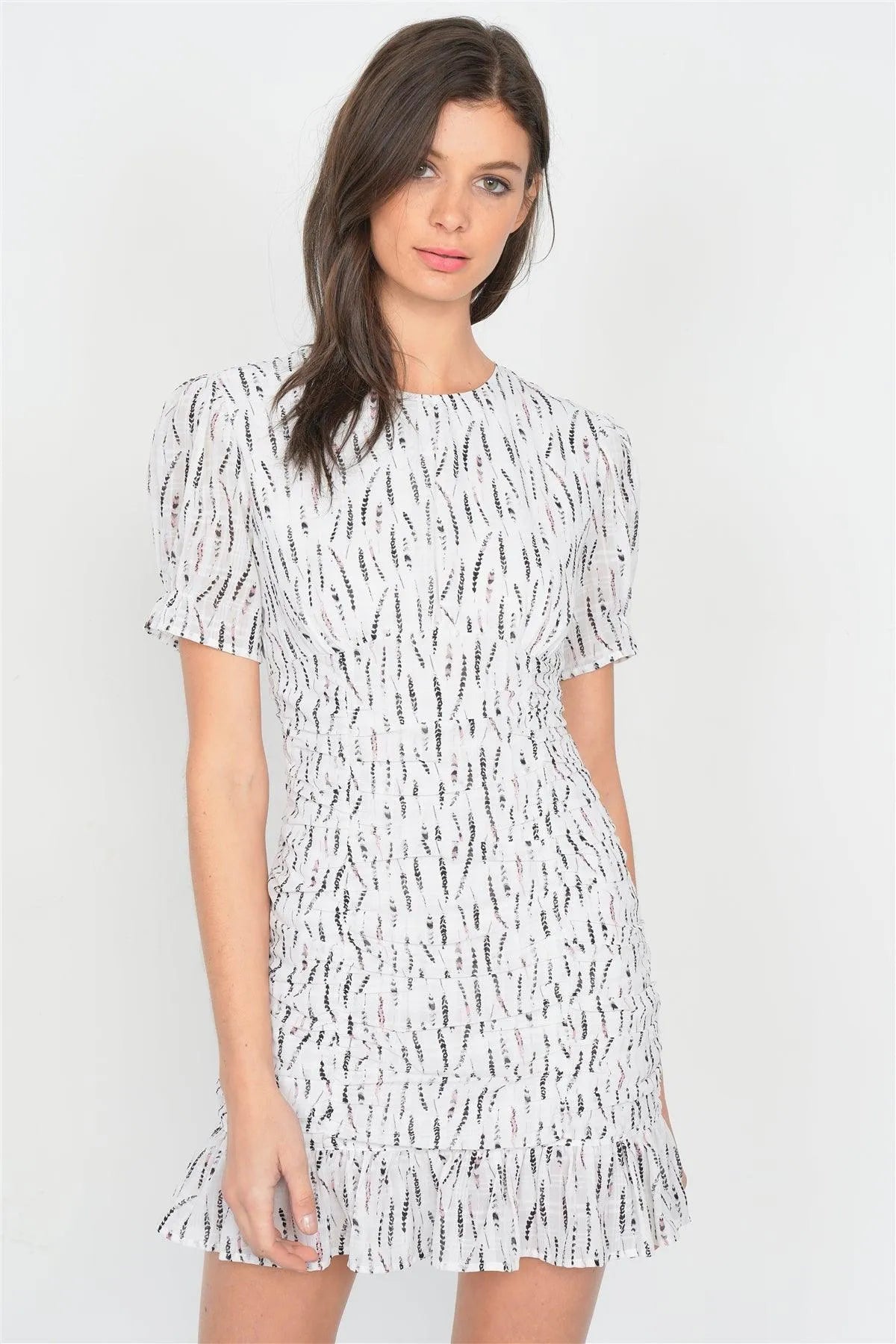 Off-White Boho Print Mini Flounce Trim Hem Cap Sleeve Chiffon Dress /4-2-1 - Tasha Apparel Wholesale