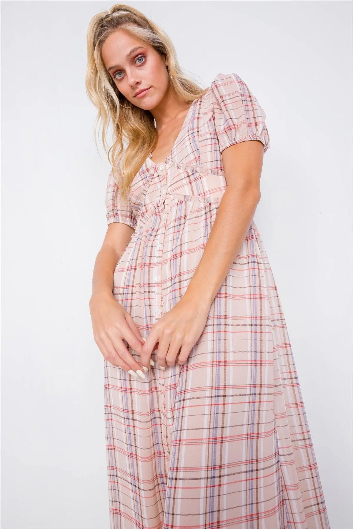 Nude Plaid V-Neck Short Puff Sleeve Frill Trim Casual Midi Dress /2-2-1 - Tasha Apparel Wholesale