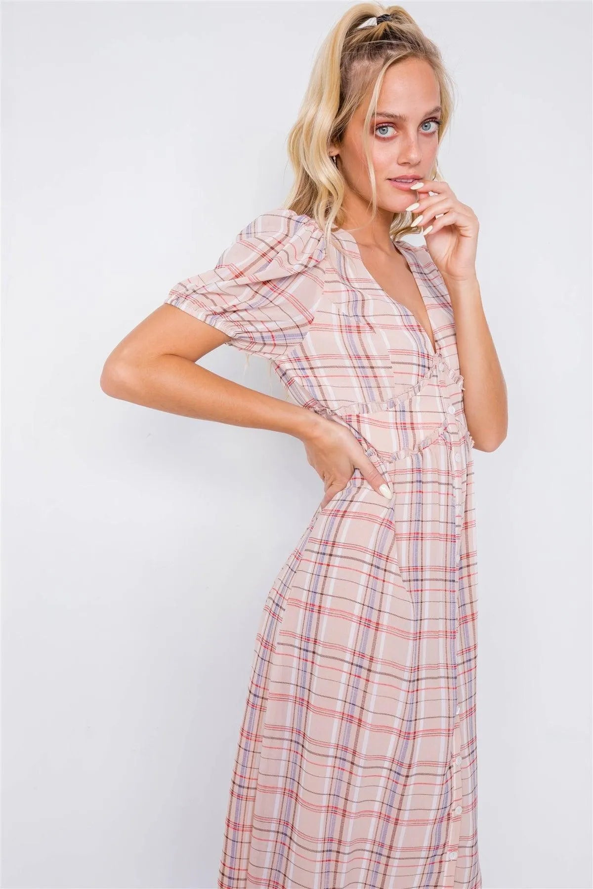 Nude Plaid V-Neck Short Puff Sleeve Frill Trim Casual Midi Dress/4-2-1 - Tasha Apparel Wholesale