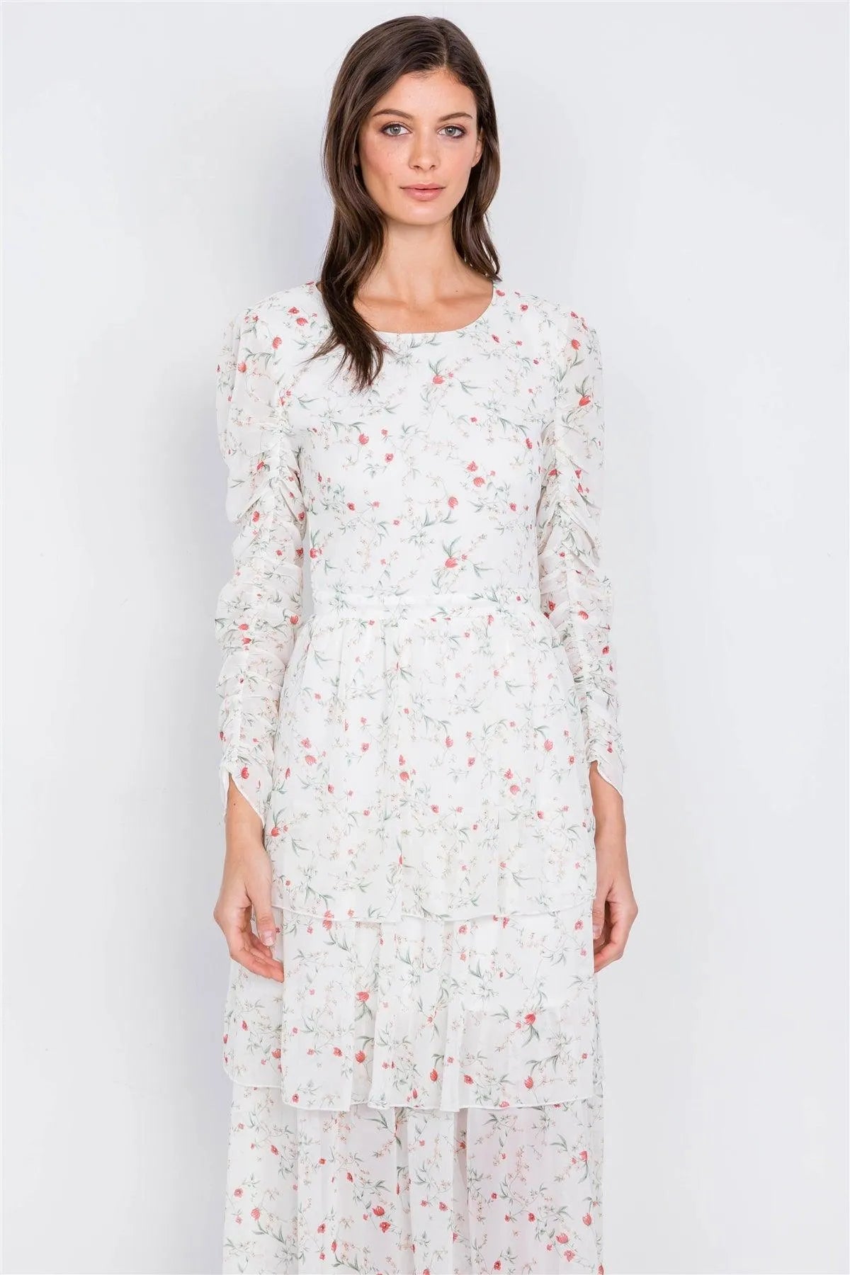 Ivory Floral Print Open Back Tiered Frill Summer Maxi Dress /4-2-1 - Tasha Apparel Wholesale