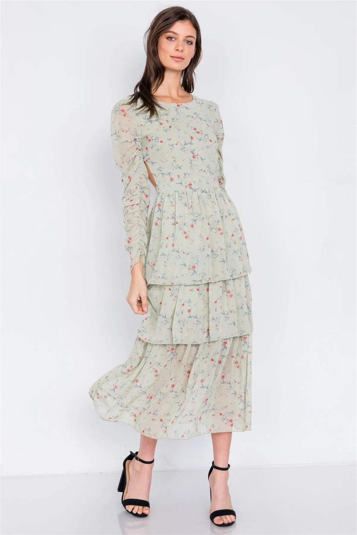 Sage Floral Print Open Back Tiered Frill Summer Maxi Dress /3-2-1 - Tasha Apparel Wholesale
