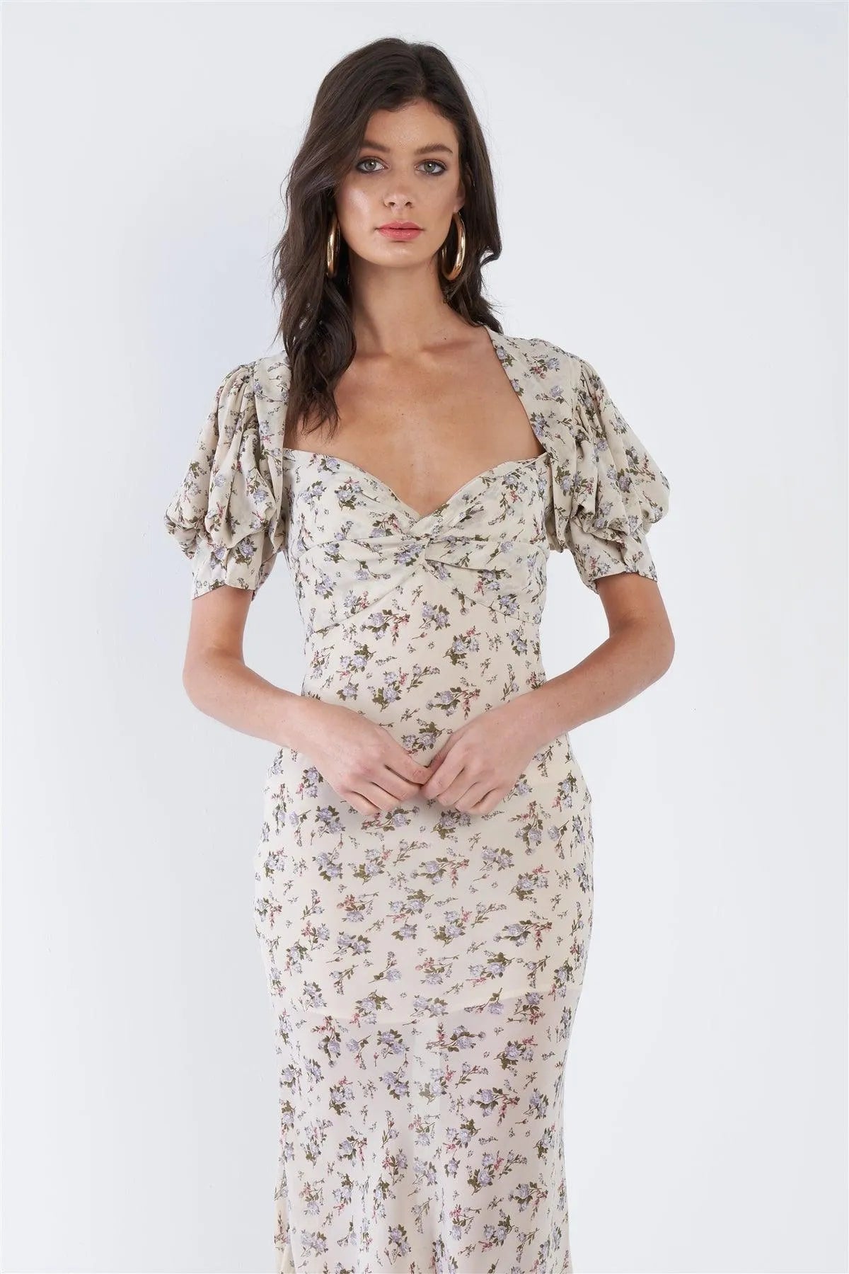 Ecru Tan Sheer V-Neck Boho Floral Print Midi Dress /3-2-1 - Tasha Apparel Wholesale