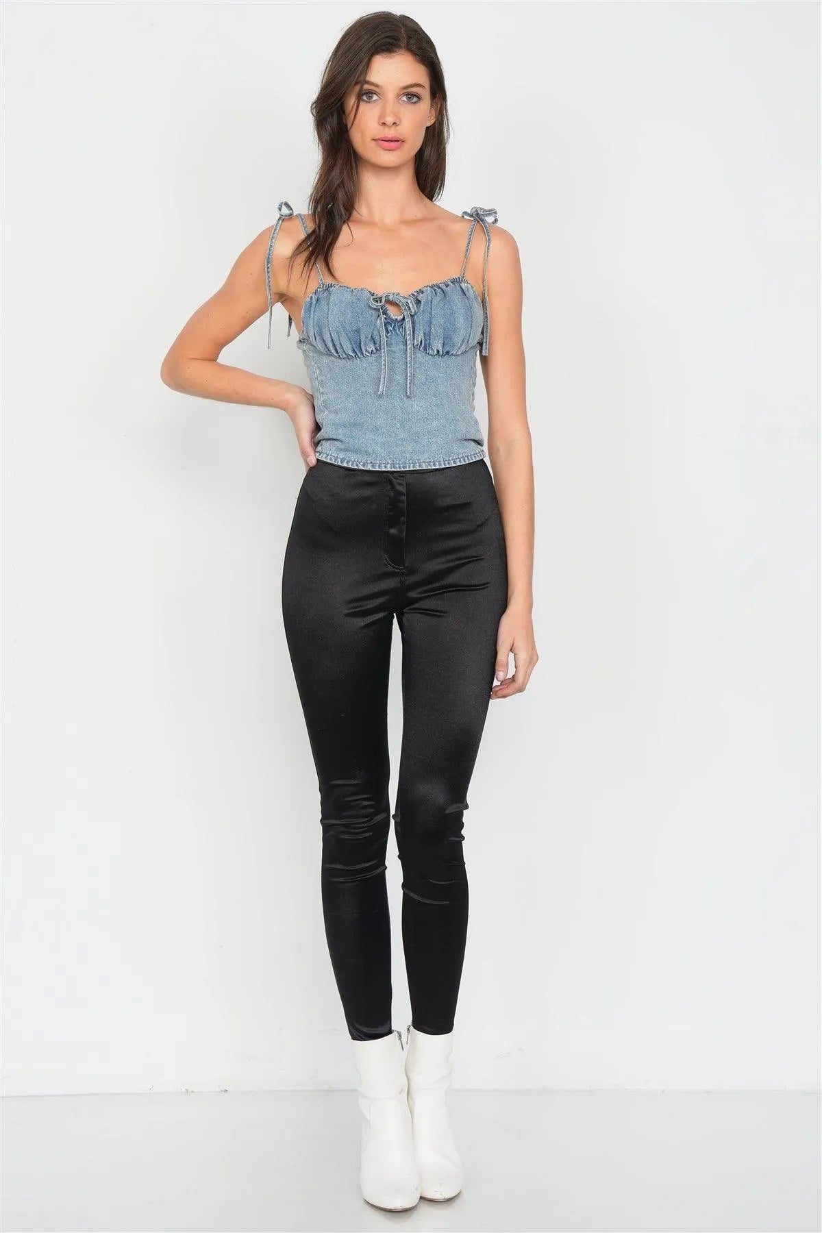 Denim Blue Sweetheart Center Box Cut Out Smocked Back Vintage Top /3-2-1 - Tasha Apparel Wholesale