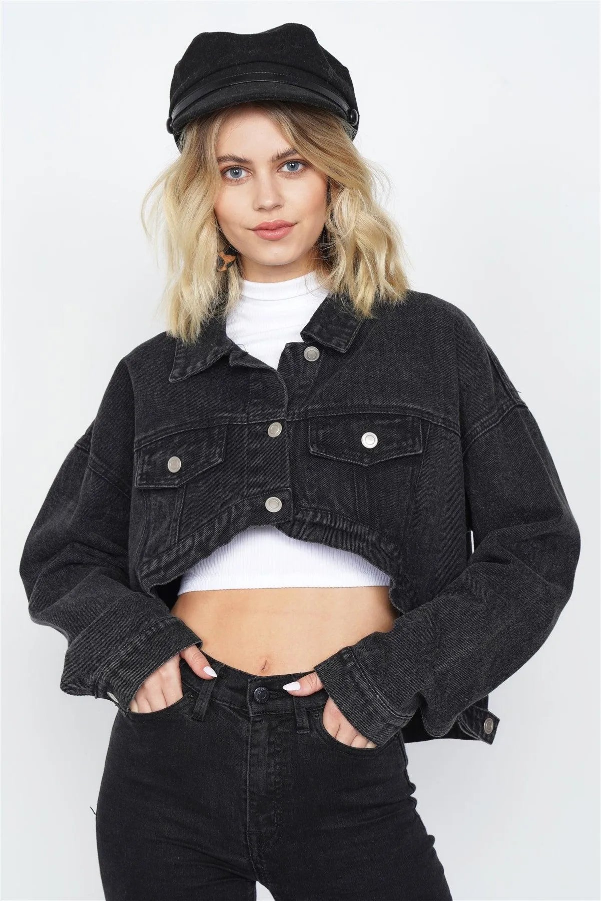 Black Cotton Denim High-Low Jean Crop Jacket /3-2-1 - Tasha Apparel Wholesale