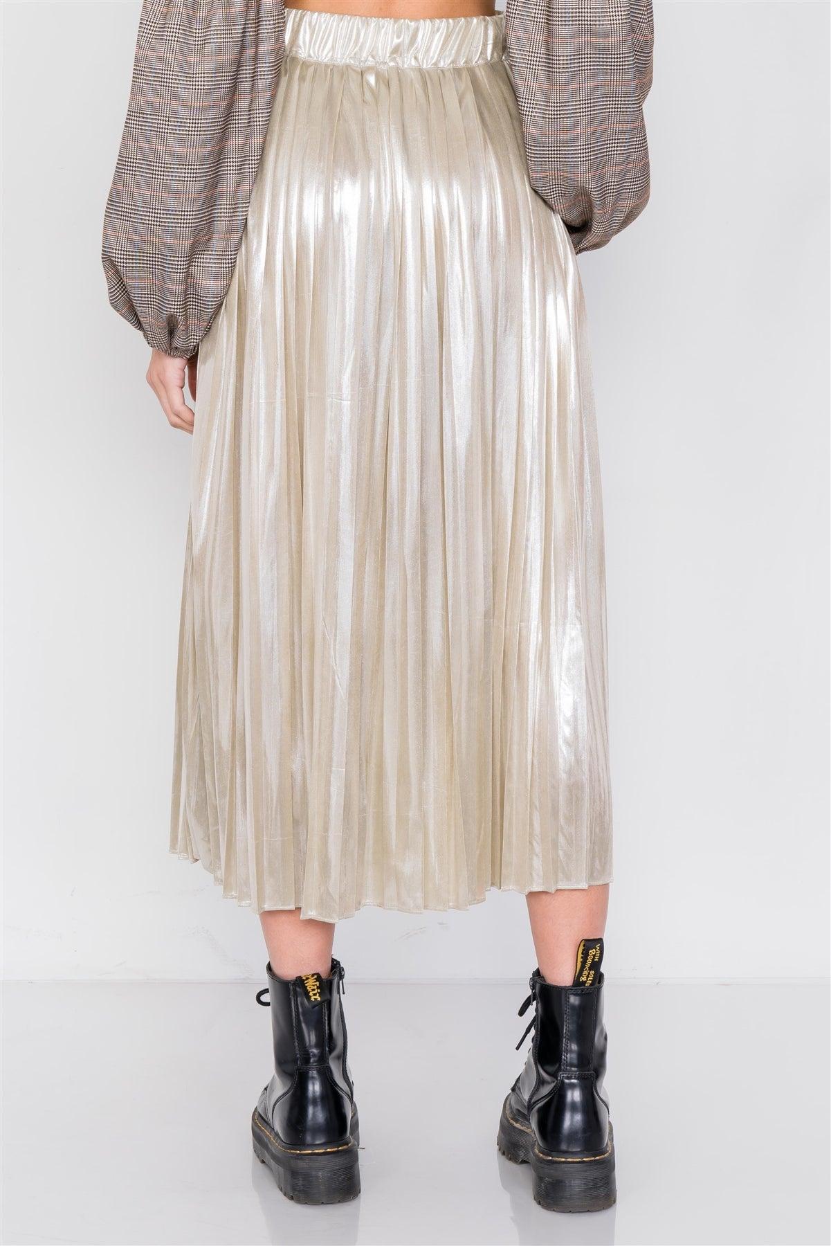 Gold Metallic Pleated Chic Midi Skirt
