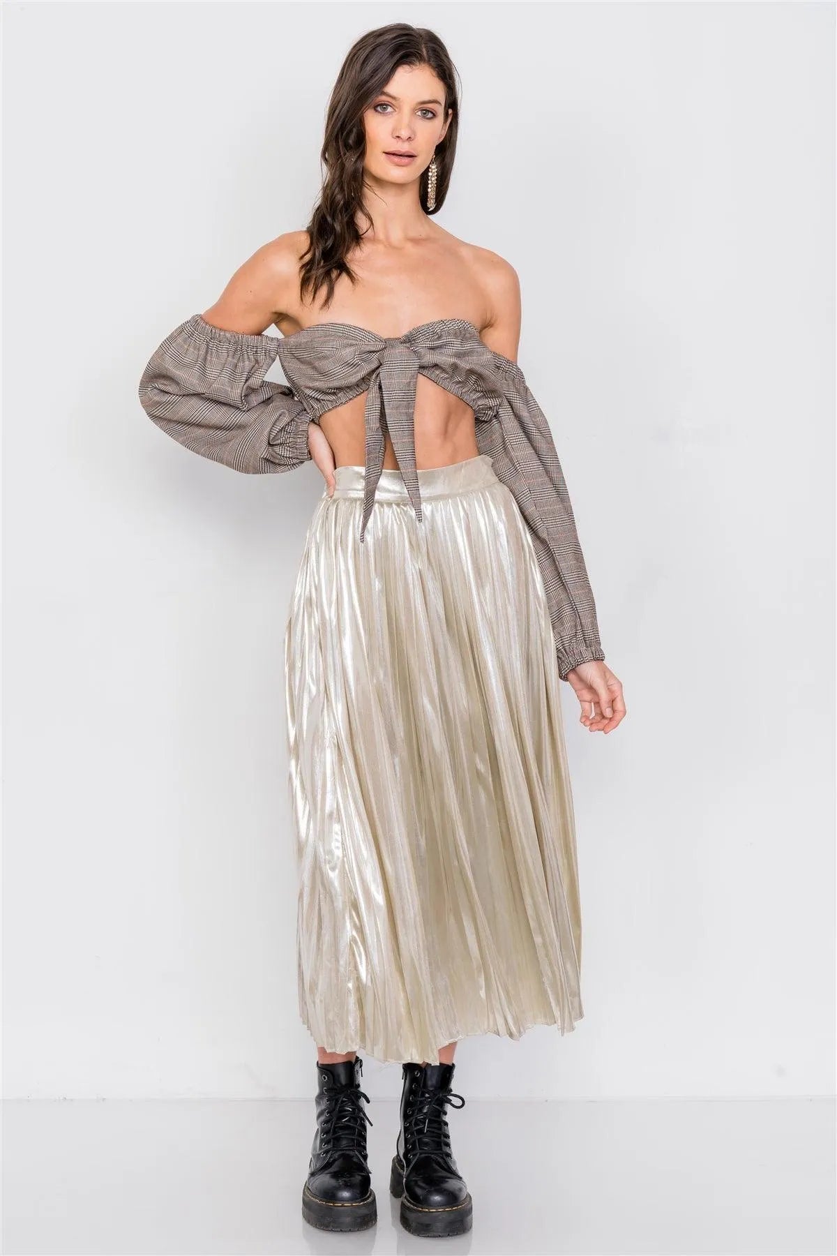 Gold Metallic Pleated Chic Midi Skirt - Tasha Apparel Wholesale