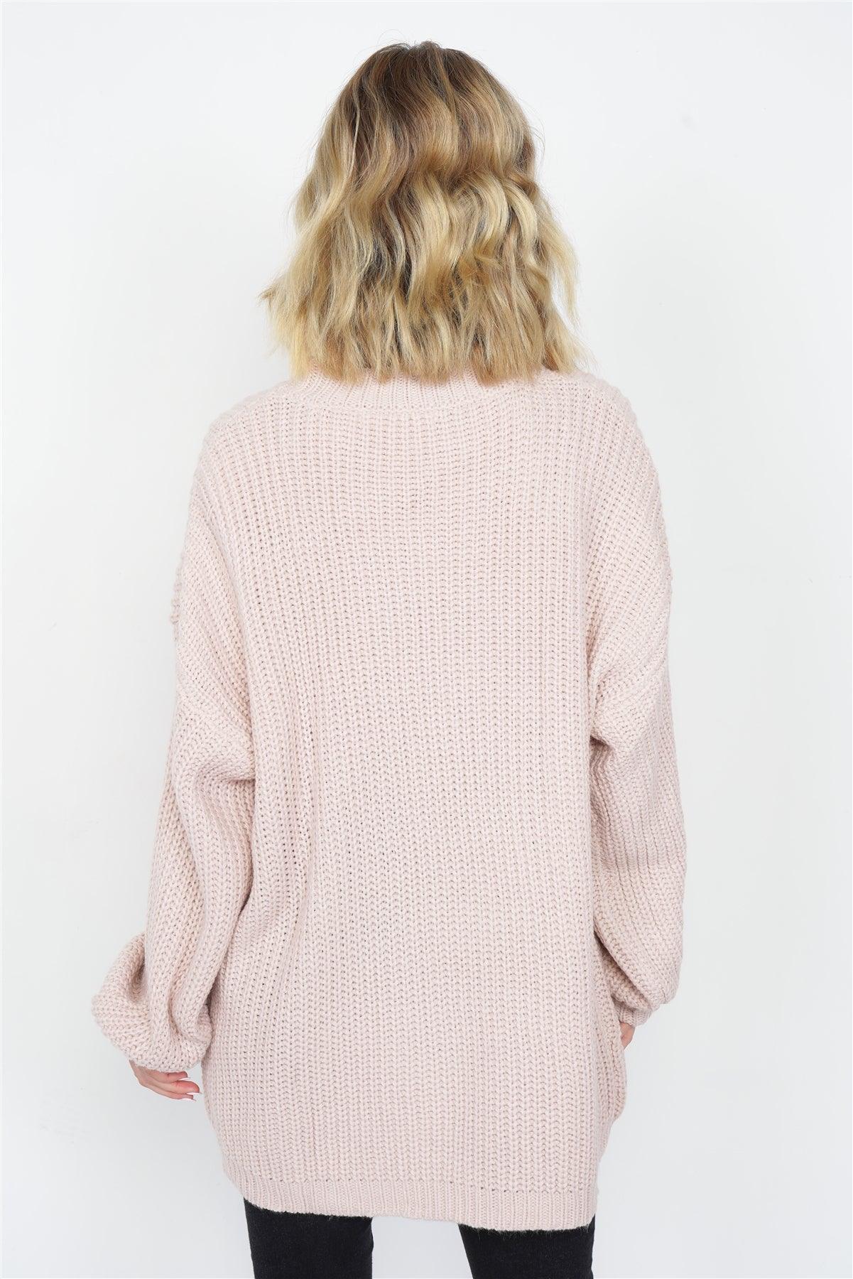 Taupe Rose Knit Relaxed Fit Puff Sleeve Comfy Sweater