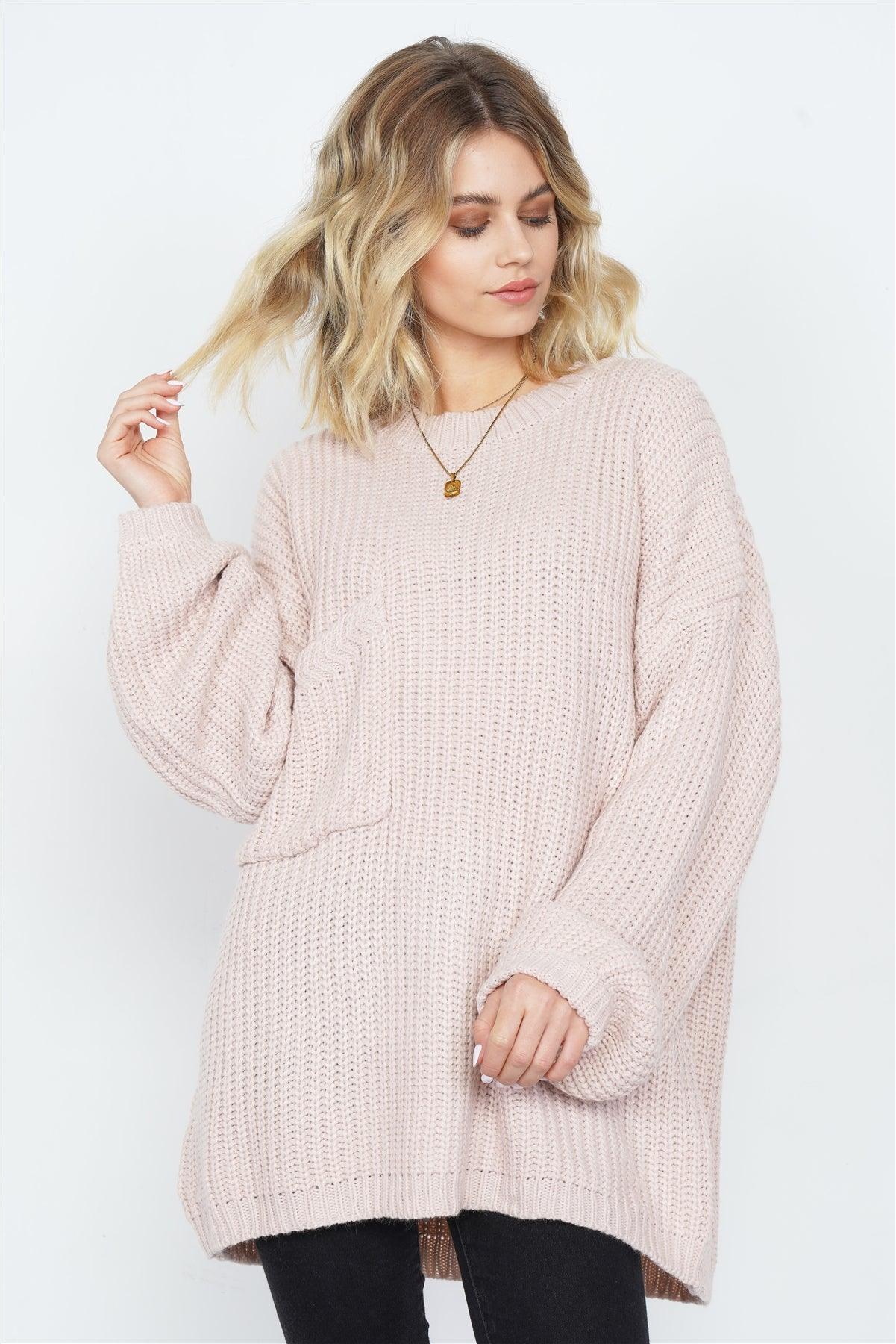 Taupe Rose Knit Relaxed Fit Puff Sleeve Comfy Sweater