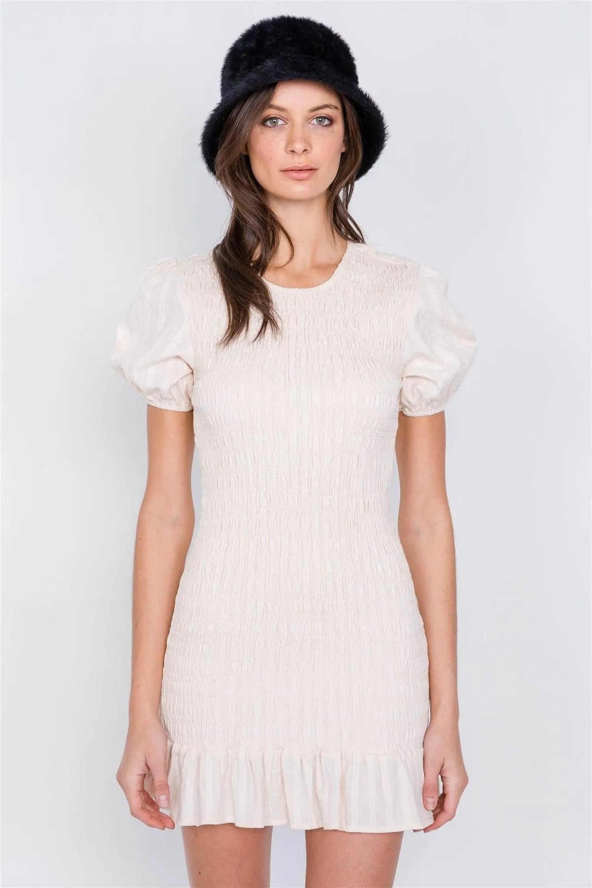 Ecru Smocked Frill Mermaid Hem Puff Sleeve Mini Dress /2-2-1 - Tasha Apparel Wholesale