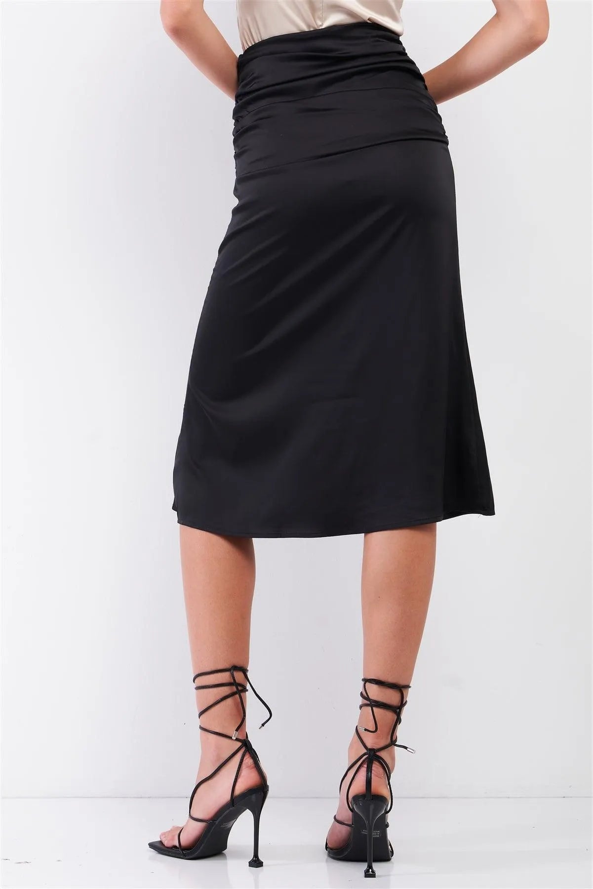 Black Satin Ruffle Waist Midi Skirt /3-2-1 - Tasha Apparel Wholesale