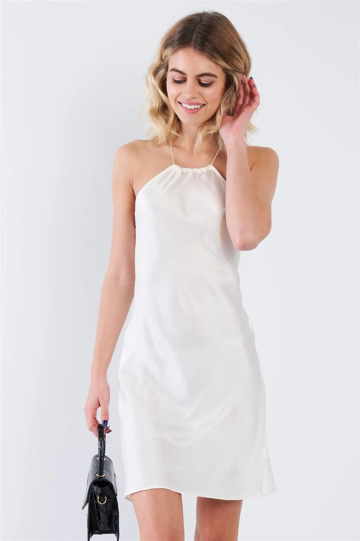 Silk Pearl White Semi-Sheer Halter Neck Open Back Classic Mini Dress /3-2-1 Silk Pearl White Semi-Sheer Halter Neck Open Back Classic Mini Dress /3-2-1